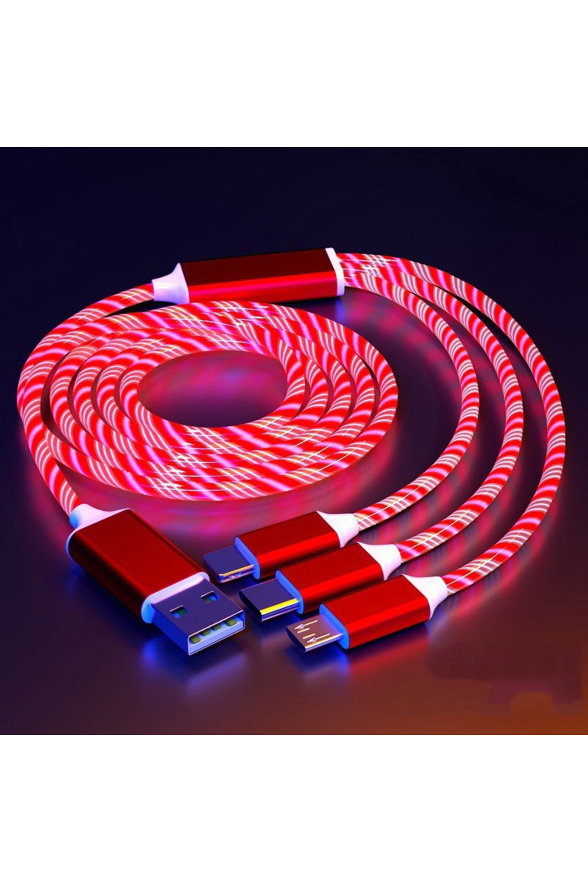 Choice كابل LED أحمر متوهج بطول متر واحد، 3 في 1، لشحن سريع لأجهزة ...
