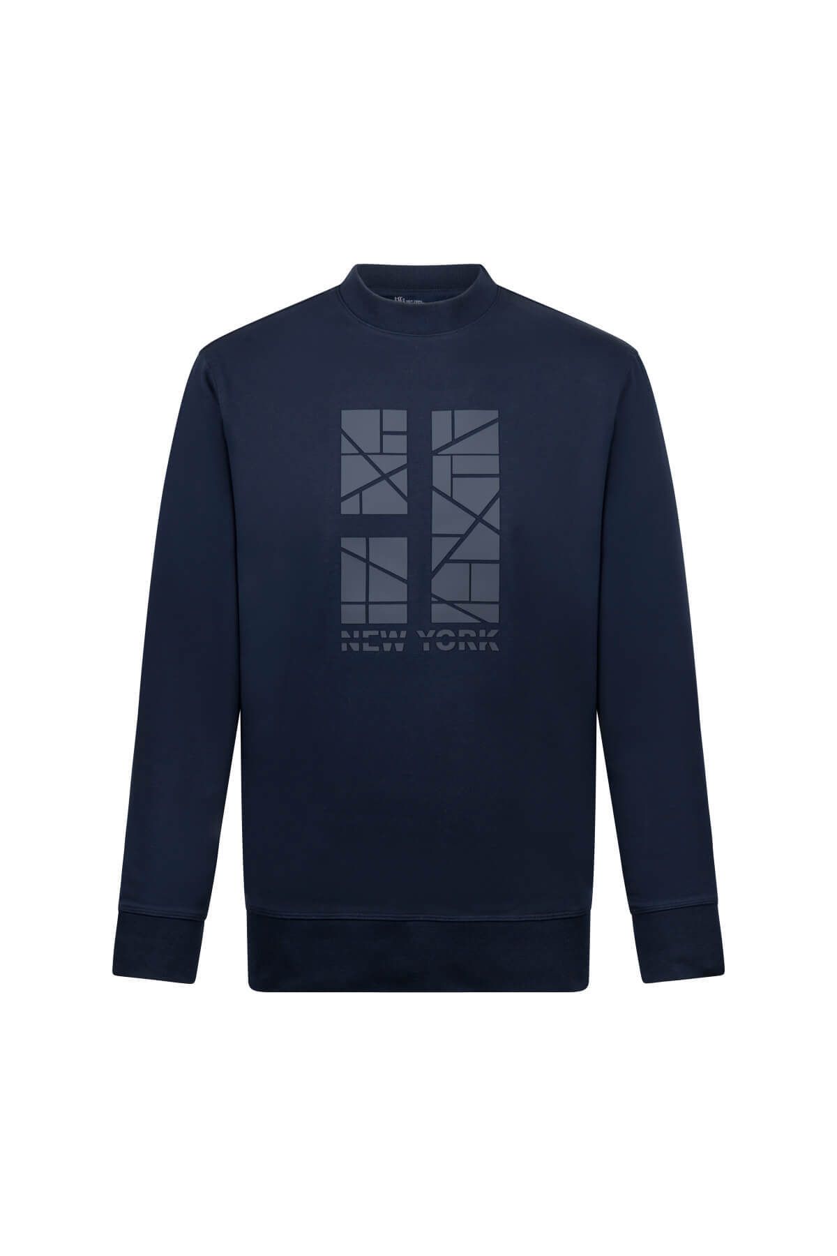 Hatemoğlu-Navy Blue Regular Fit Printed Cotton Crew Neck Sweatshirt 1