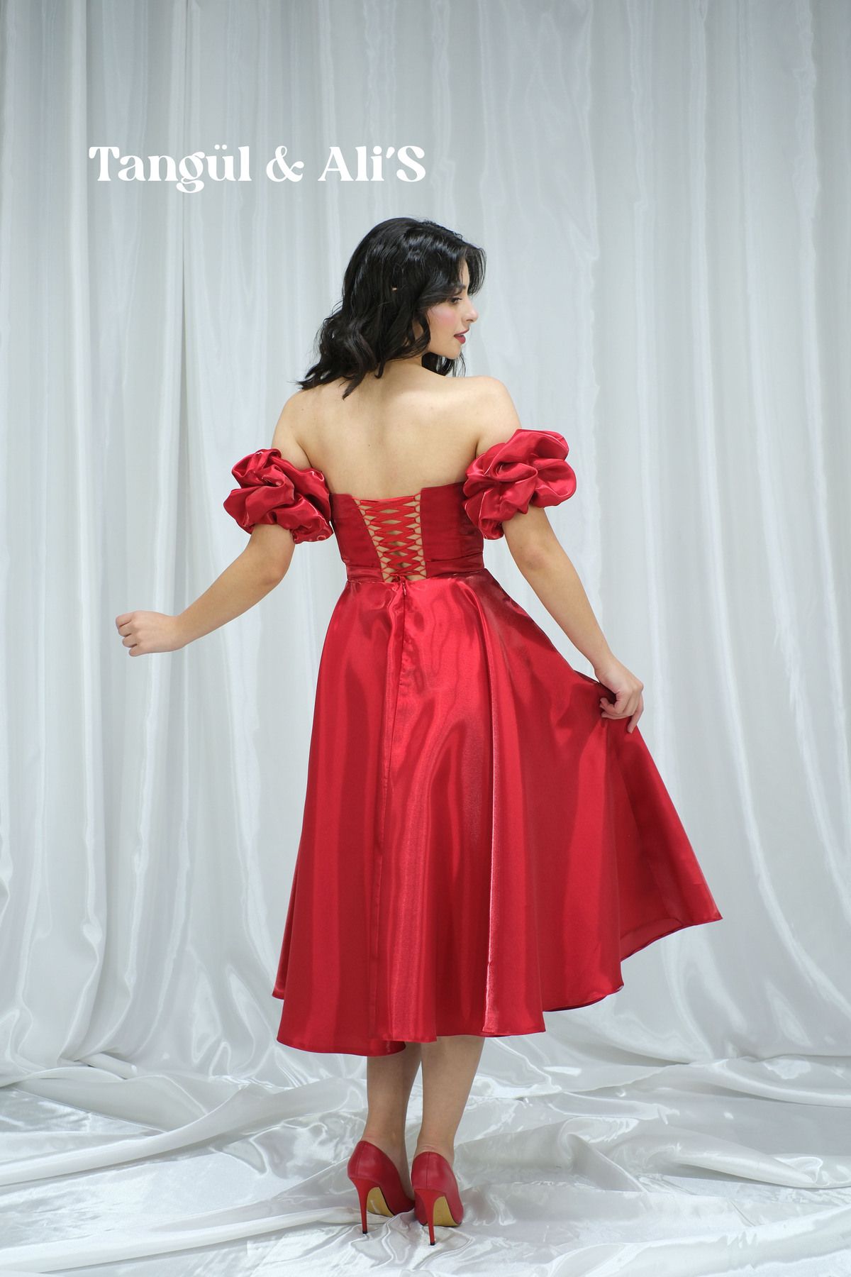 Tangül&Ali'S Moda Evi-Satin Red Midi Dress with Pockets 4
