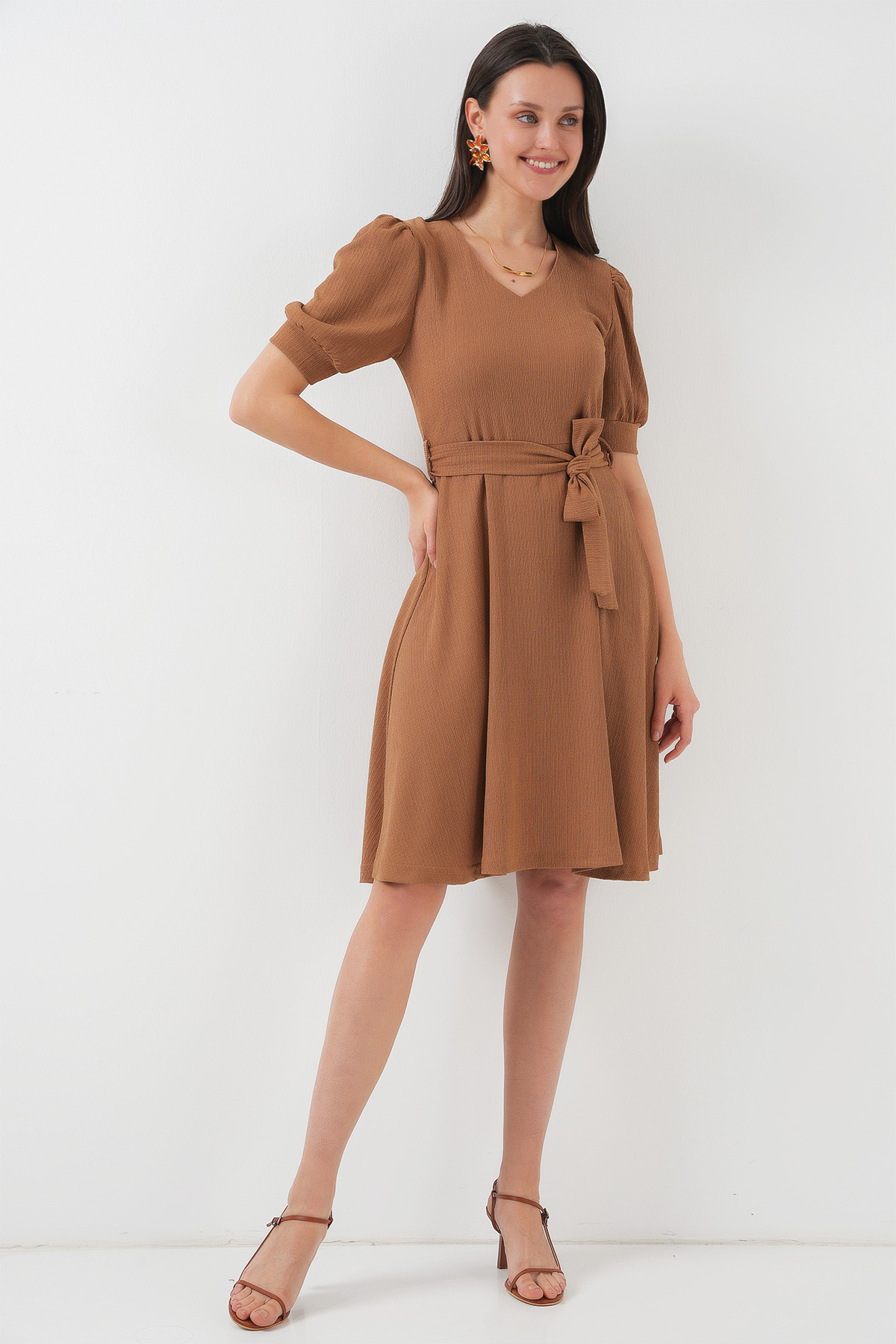 Bigdart-2370 Belted Knitted Dress - Biscuit 2