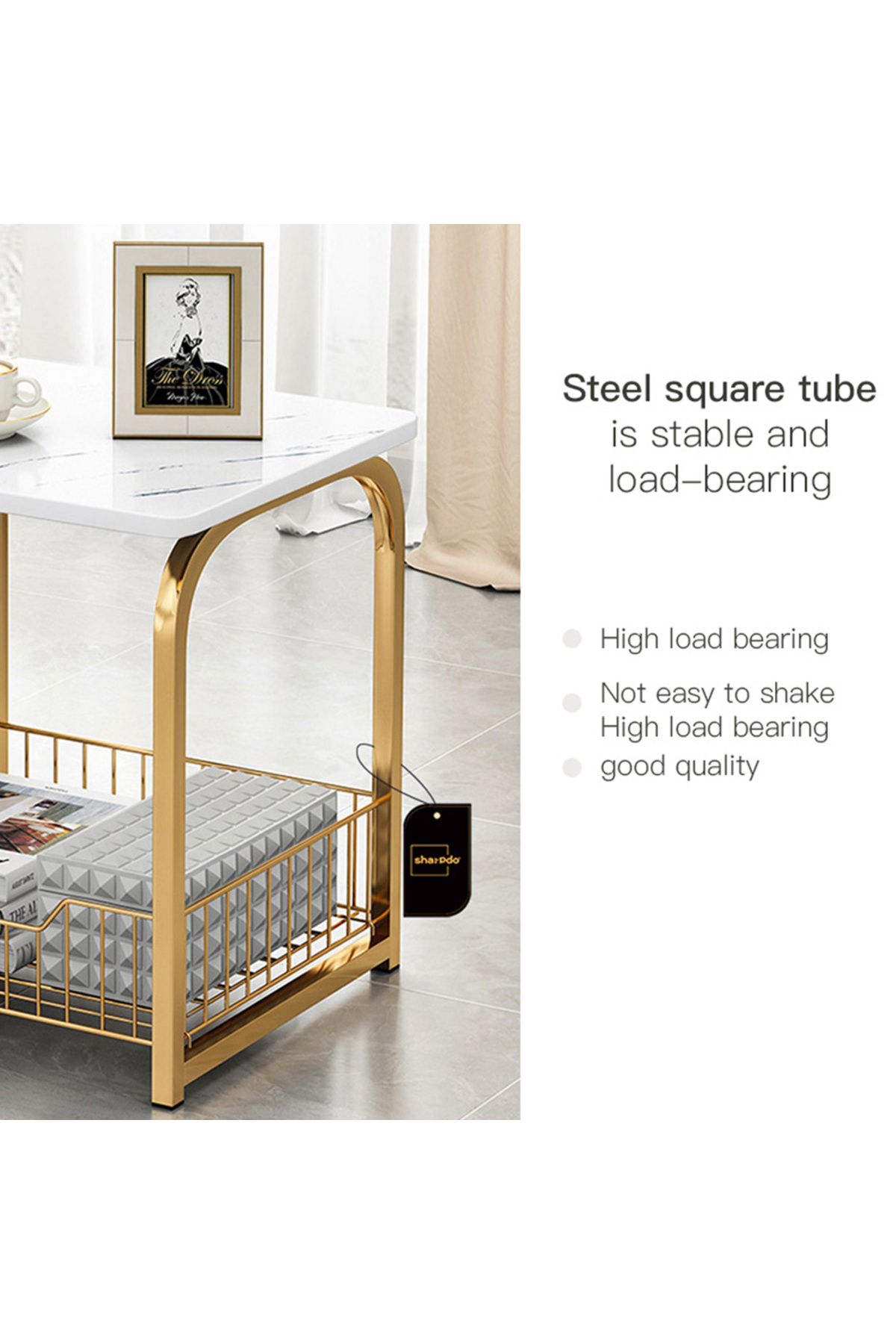 sharpdo-Modern End Table With Storage Basket Sofa Side Table With Marble Design For Living Room 5