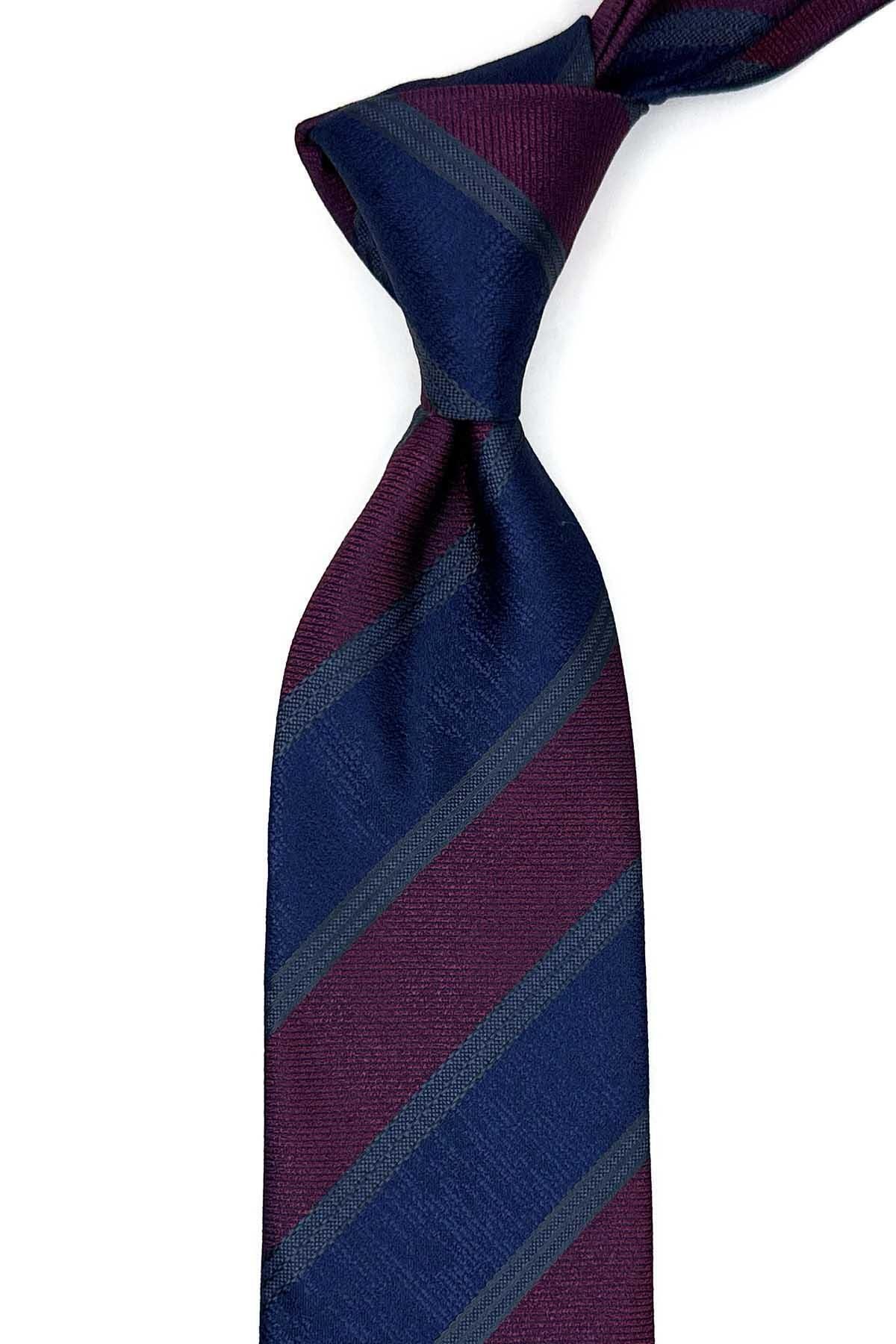 Kravatkolik-Claret Red - Navy Blue Stripe Pattern Classic Tie with Handkerchief Kk13151 2