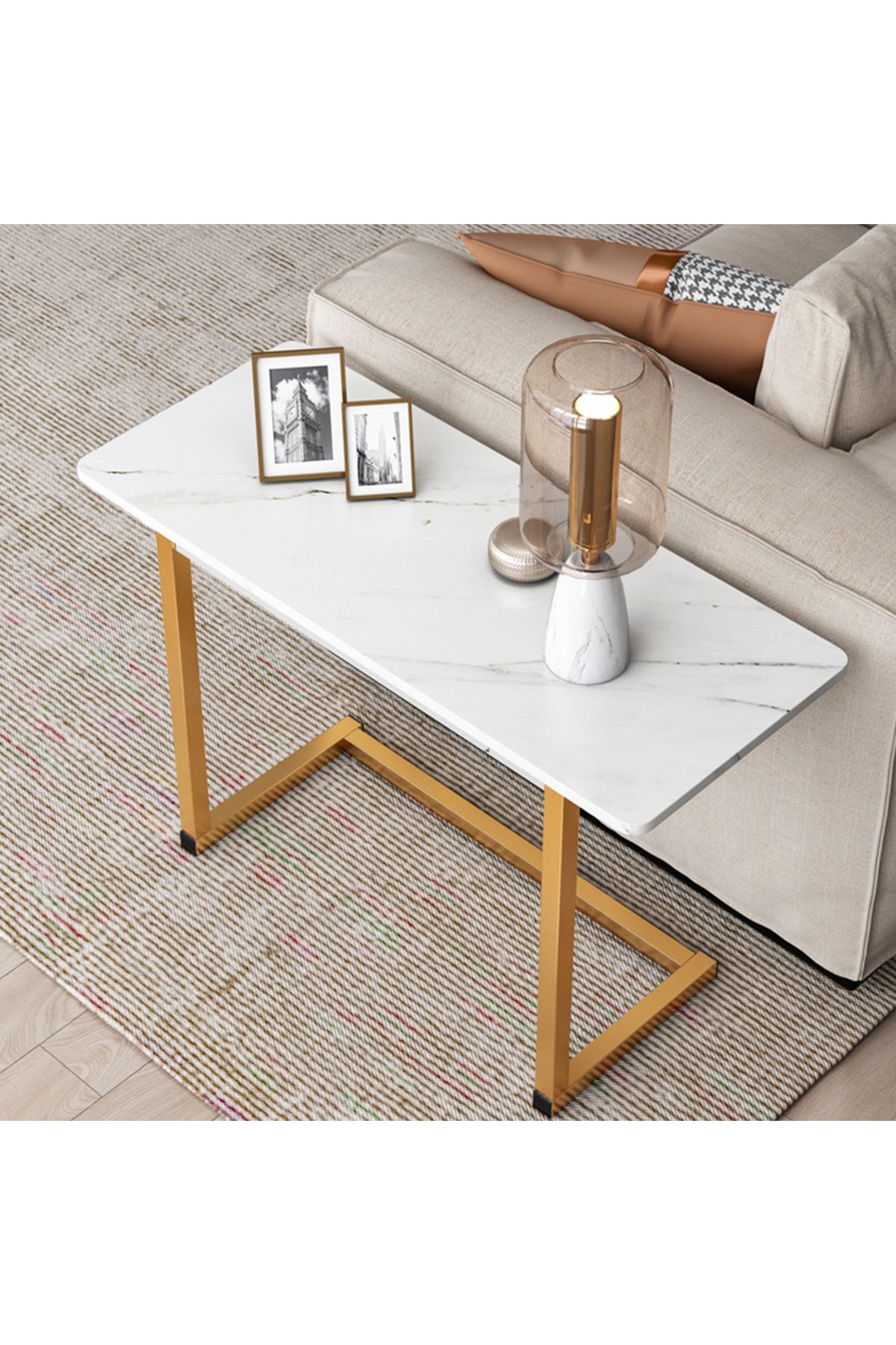 sharpdo-Sofa End Table, C-Shaped Side Coffee Table With Marble Design 2