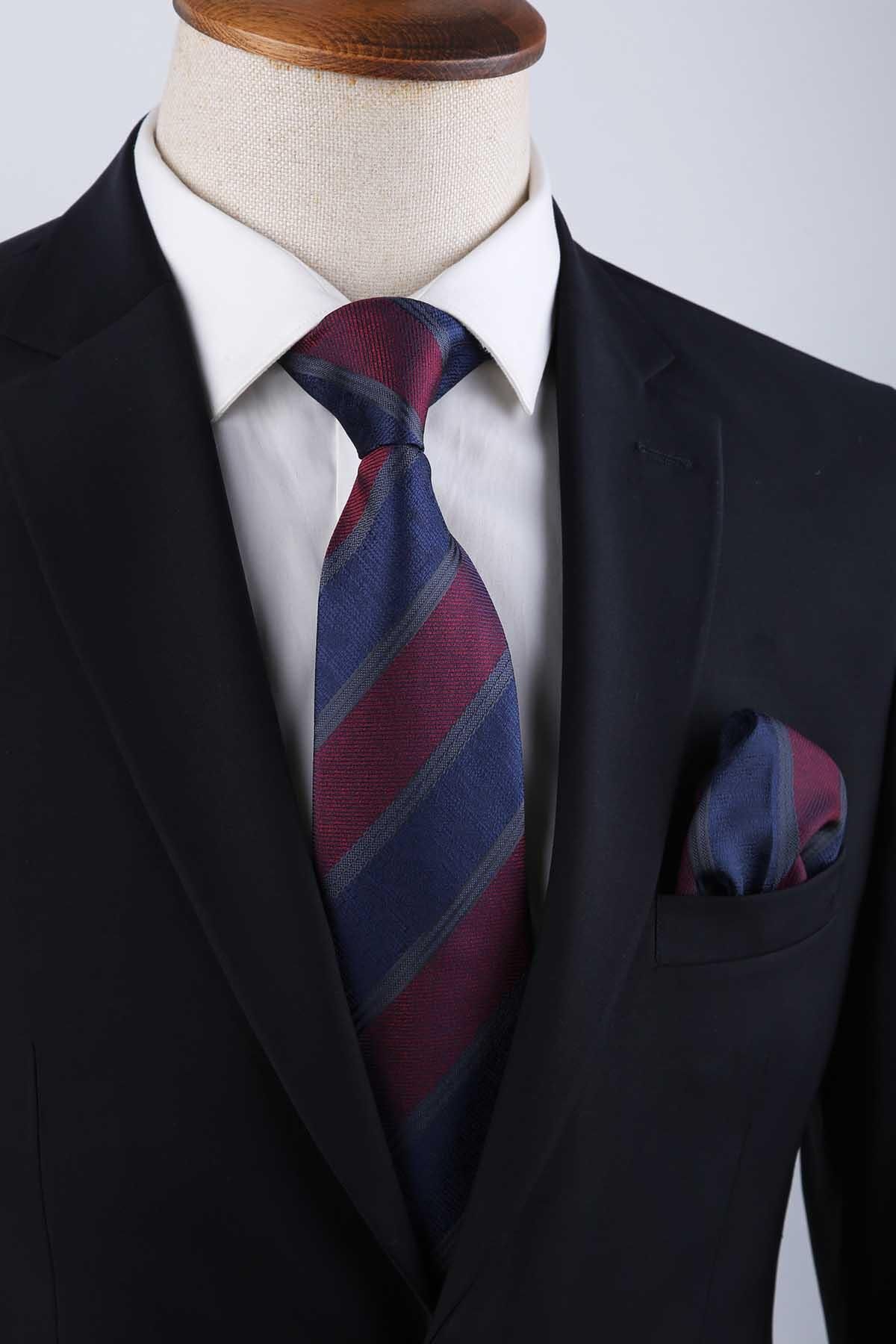 Kravatkolik-Claret Red - Navy Blue Stripe Pattern Classic Tie with Handkerchief Kk13151 5