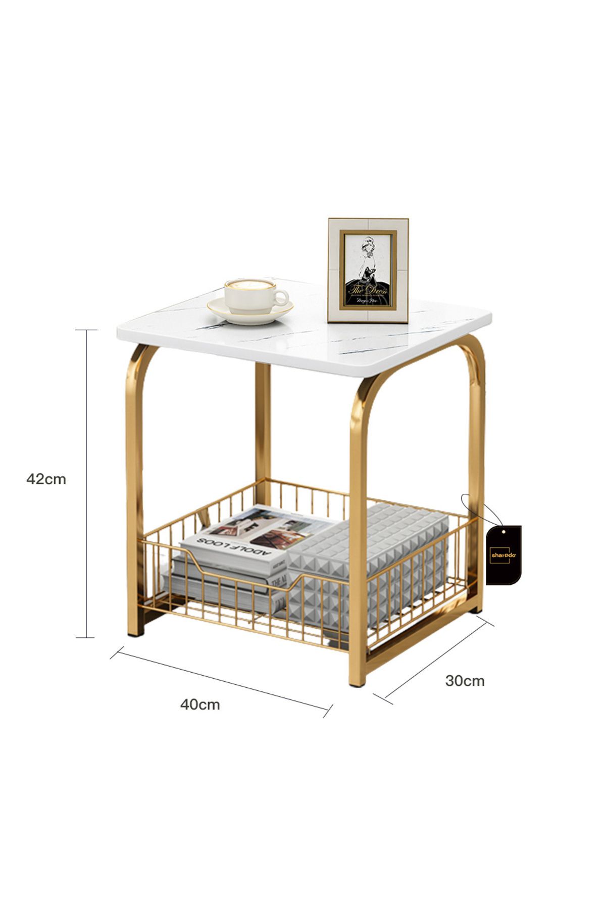 sharpdo-Modern End Table With Storage Basket Sofa Side Table With Marble Design For Living Room 6
