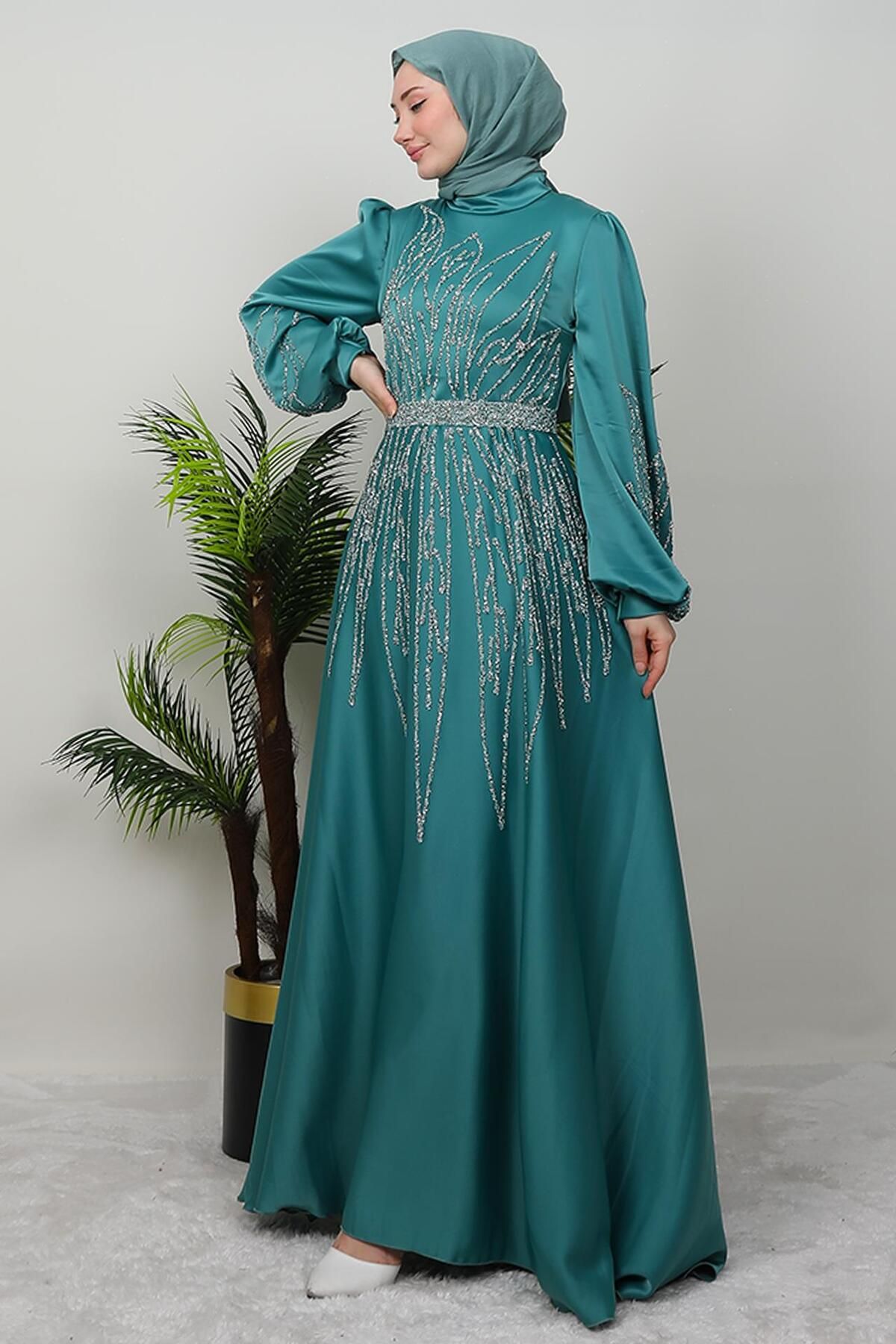 giz astore-İkbal Stone Satin Evening Dress Mint 4