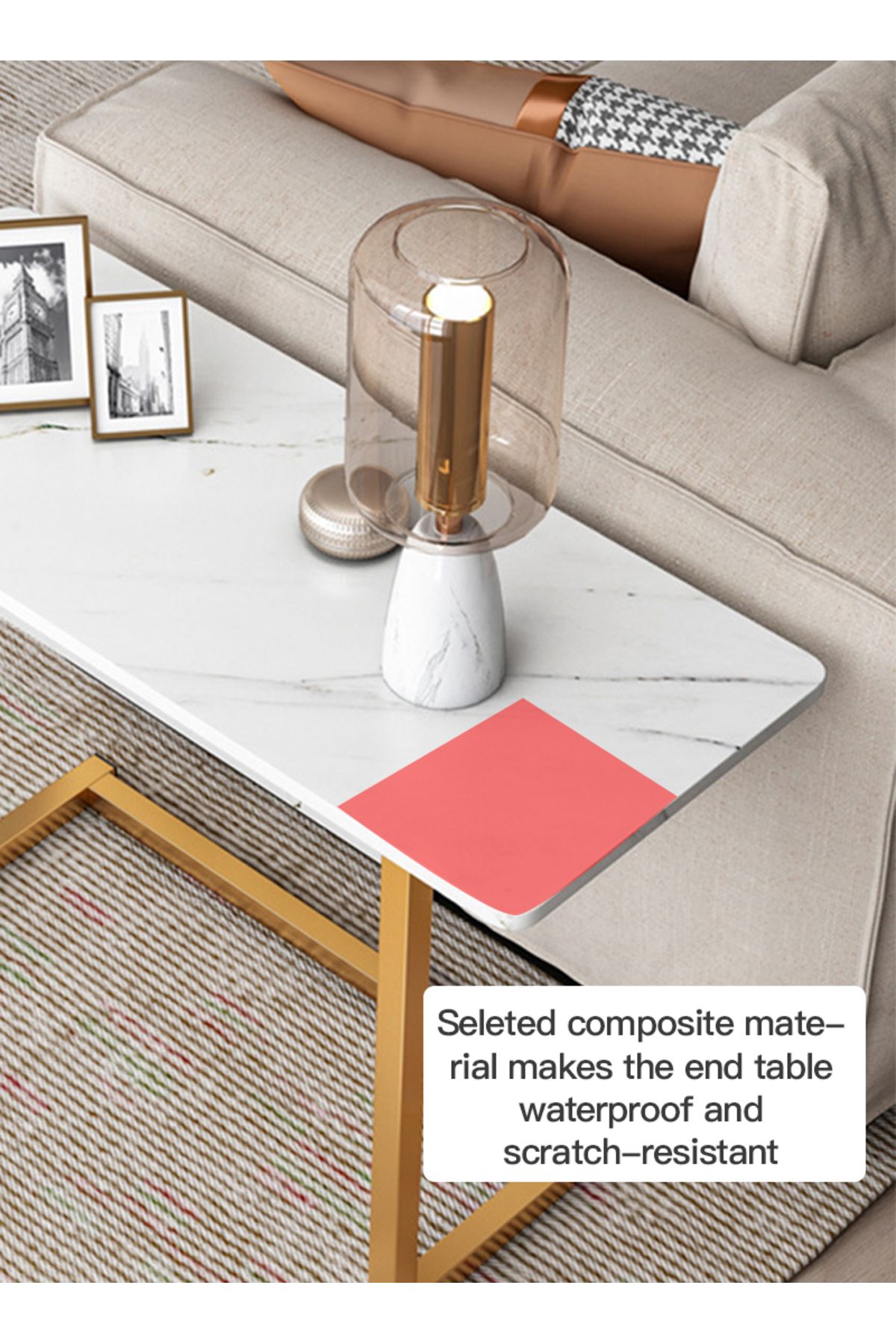 sharpdo-Sofa End Table, C-Shaped Side Coffee Table With Marble Design 3
