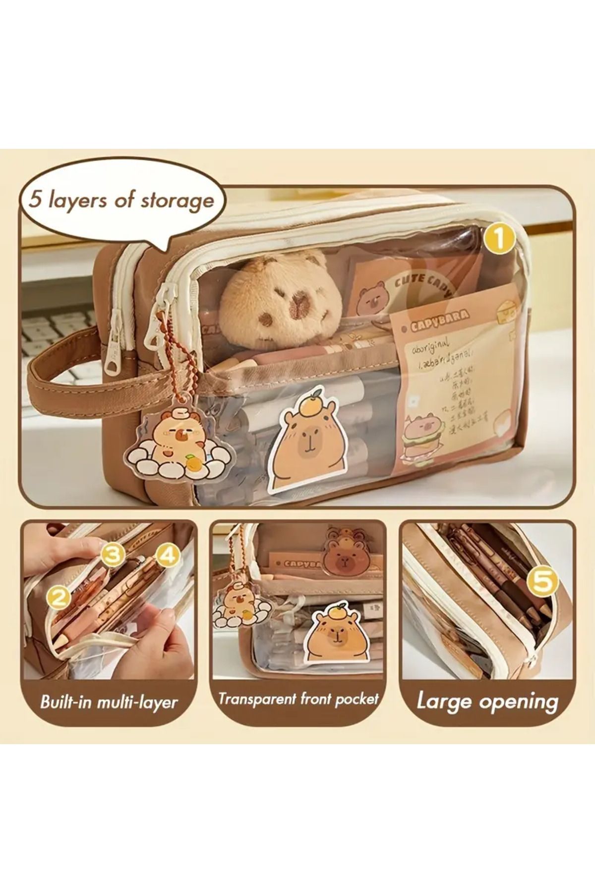 BABUN-7 Piece Large Wide Capacity Capybara Pen Holder Set with Sticker Notepad Pen Case 4