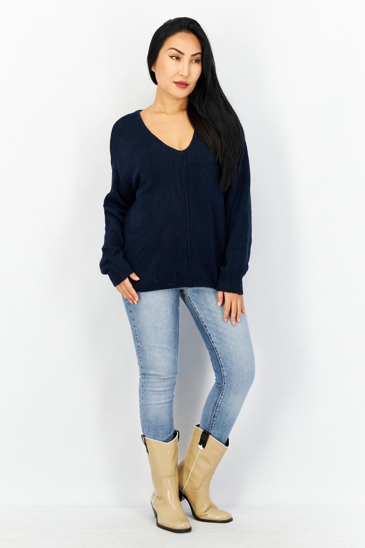 Vince Camuto-Women V-Neck Textured Sweater, Navy Blue 4