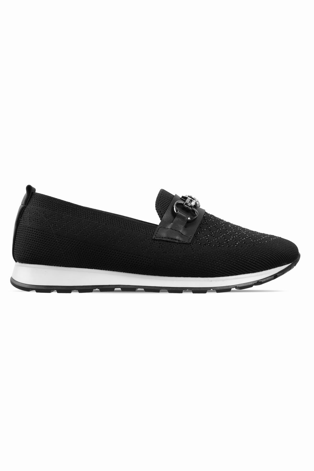 Lal Shoes & Bags-Ekan Women's Stone Detailed Knitwear Fabric Casual Shoes-Black 1