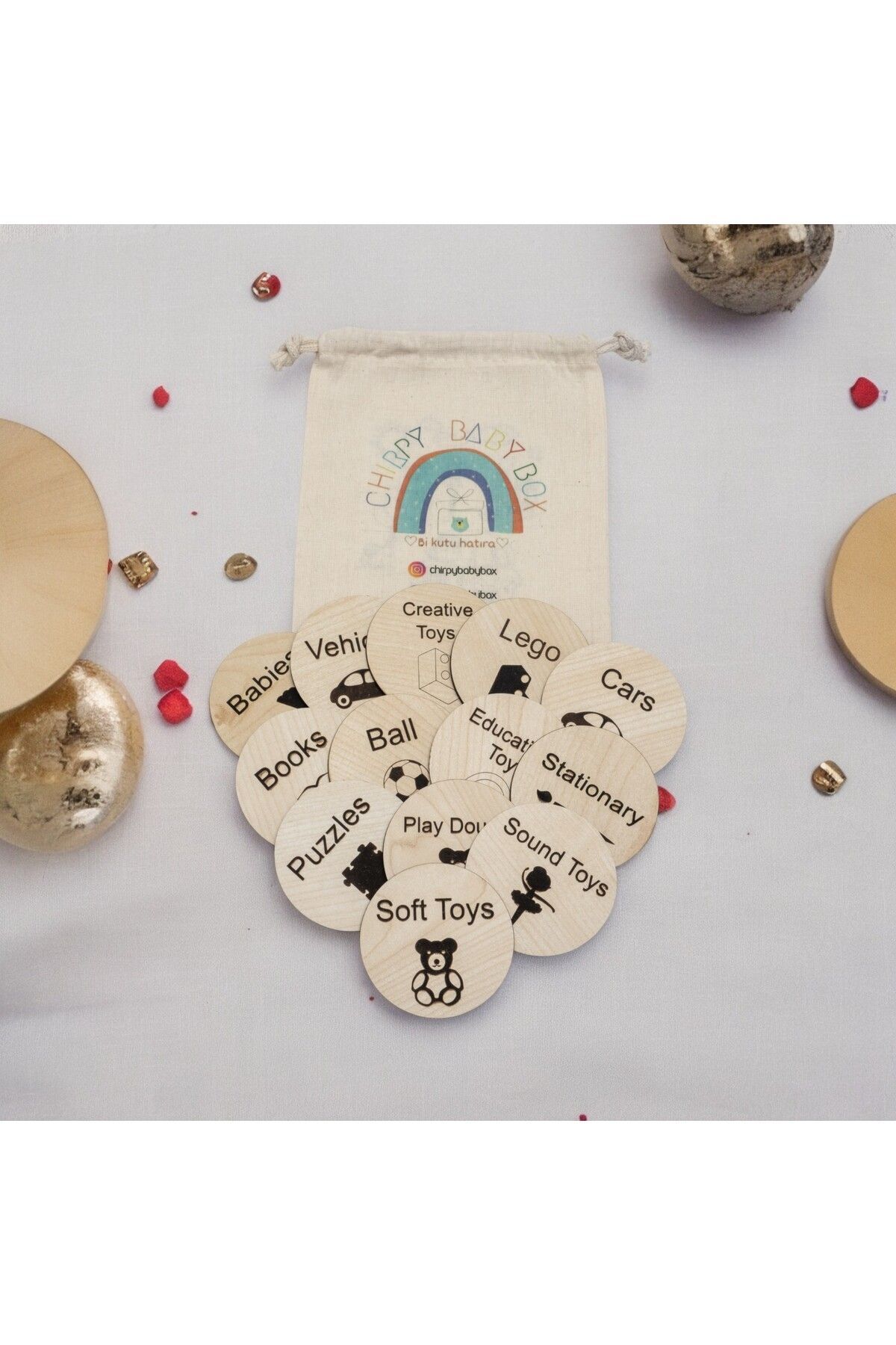 Chirpy figürlü ingilizce 12 li ahsap dolap etiketi