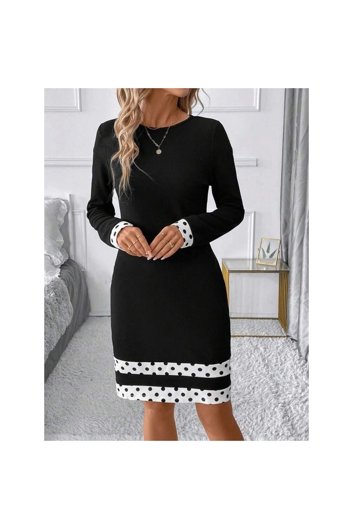xpetrana-- Women's Long Sleeve Crew Neck Stripe Detailed Polka Dot Short Imported Crepe Dress 4