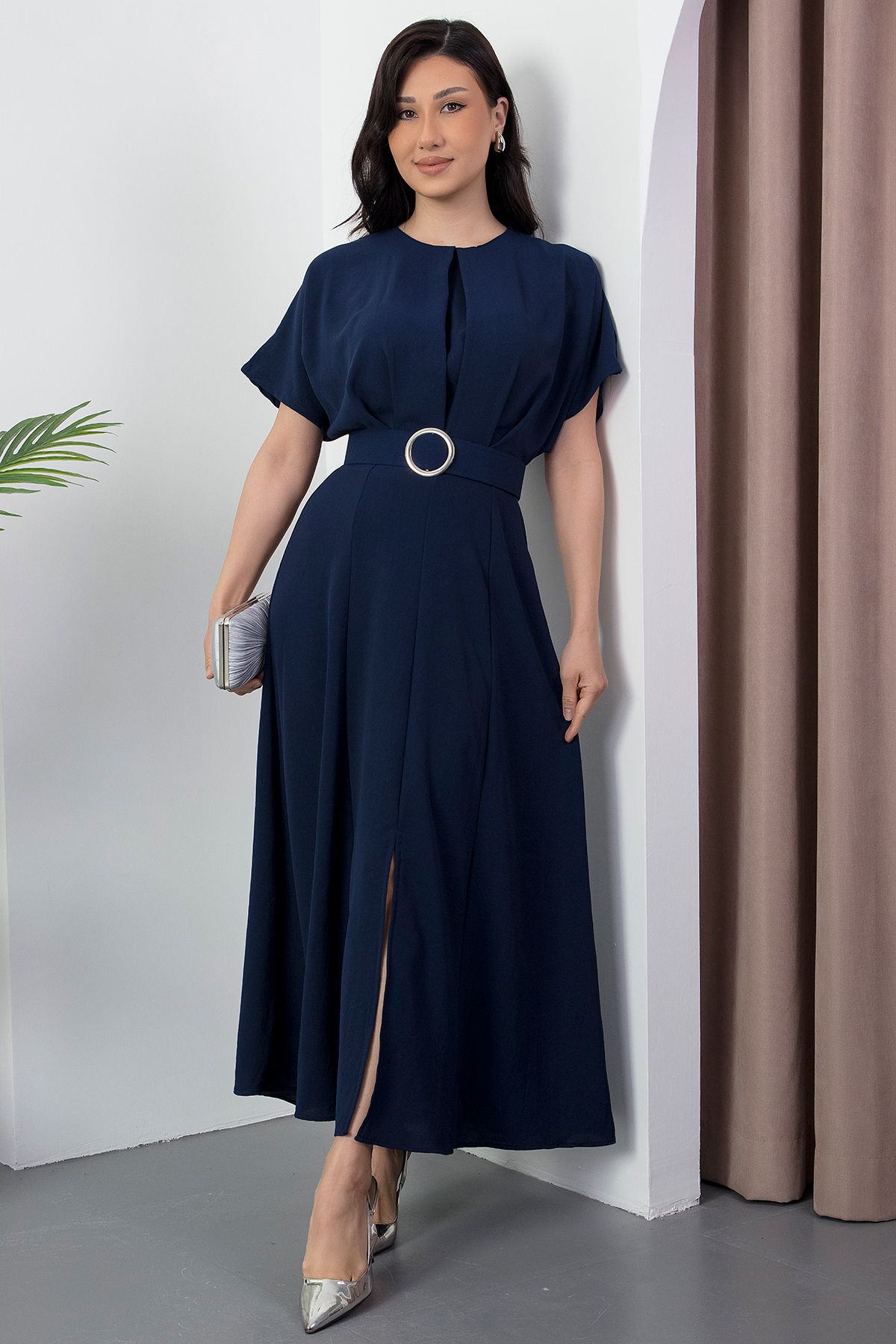 PULLIMM-Crew Neck Bat Sleeve Belt Dress Dks1055 4