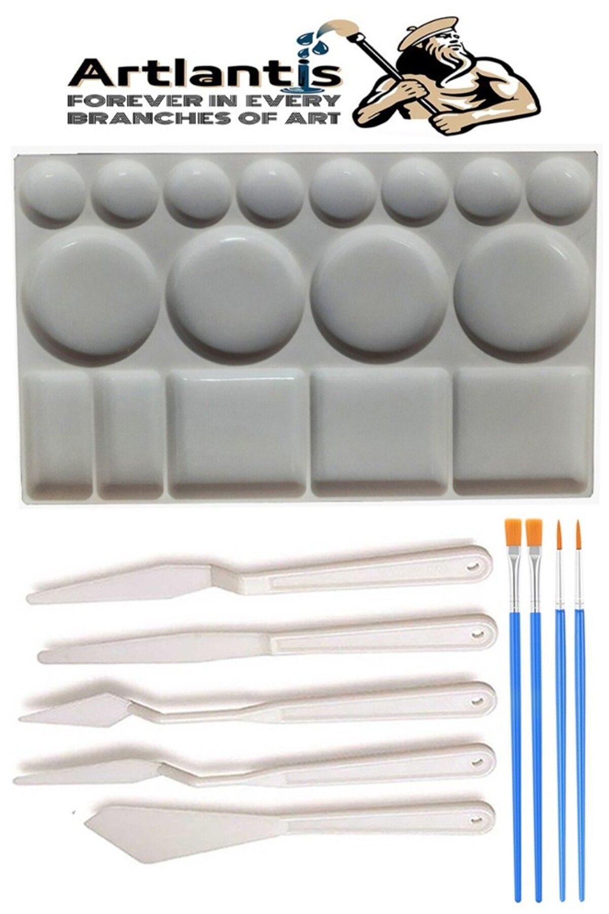 Artlantis Plastik Masa Üstü 17 Hazneli Resim Paleti 5 li Plastik Spatula ve Resim Fırçası 1 Paket Ressam Sanat