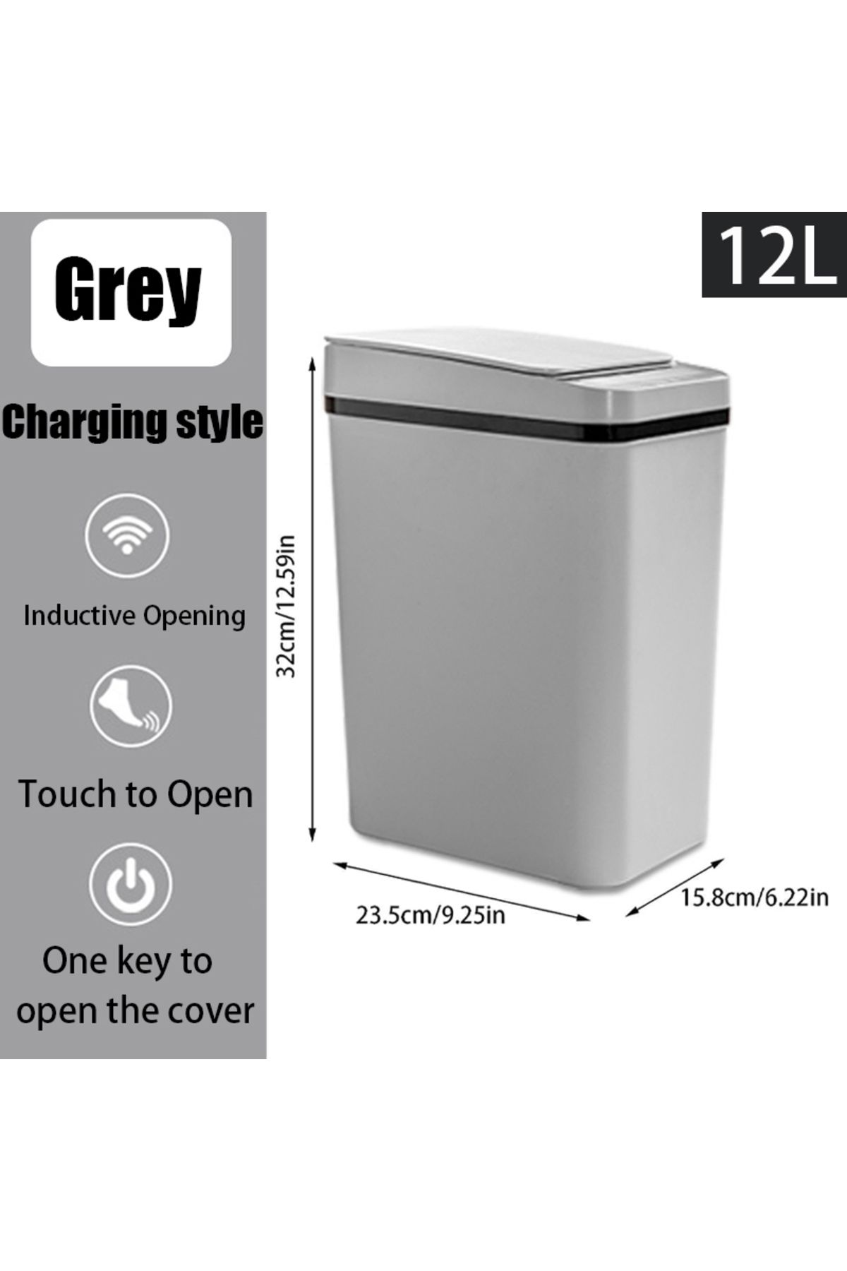 Choice-12L Grey Charging Bathroom Touchless Trash,12L Motion Sensor-Activated Trash Can with Lid,Automatic 1