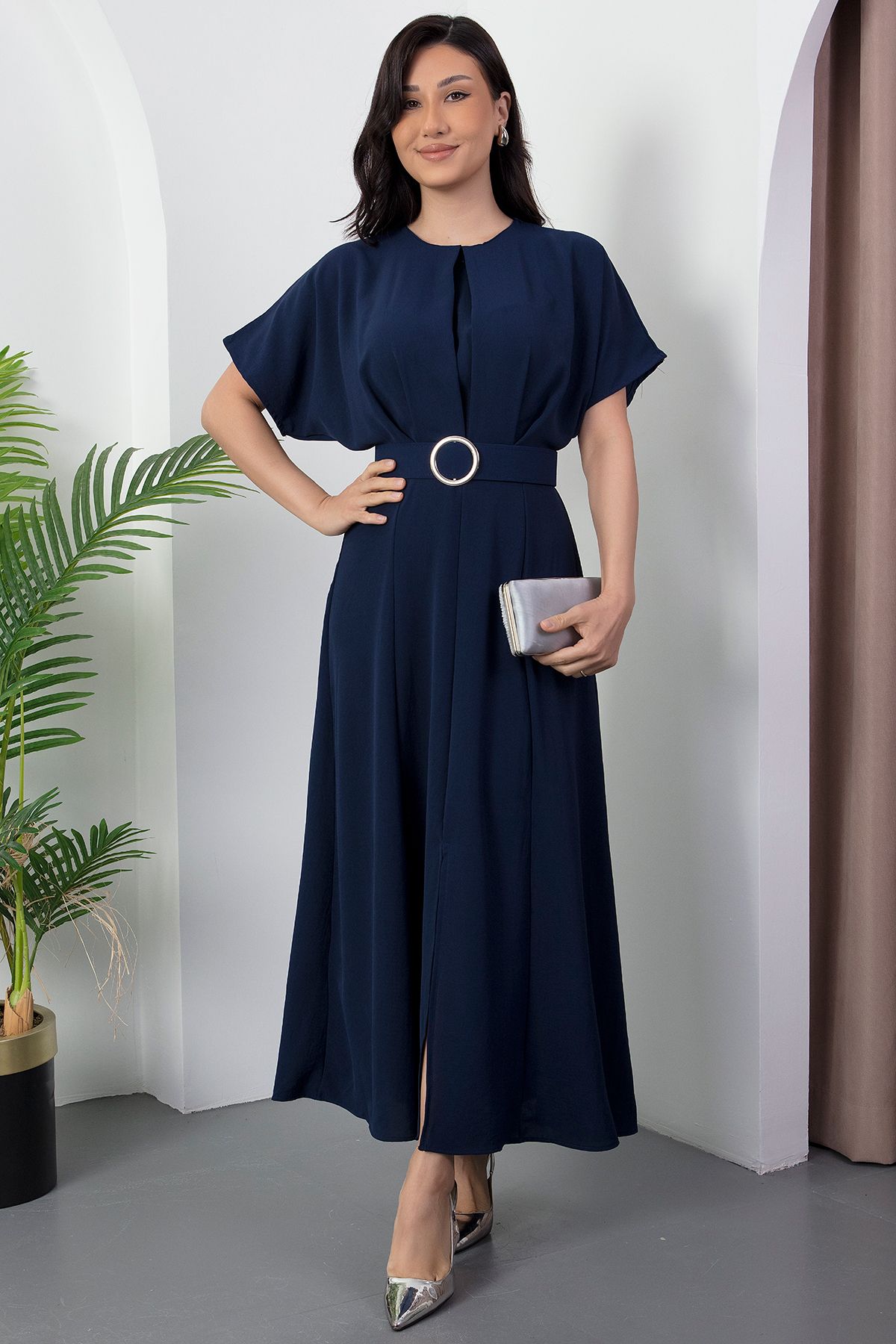 PULLIMM-Crew Neck Bat Sleeve Belt Dress Dks1055 3