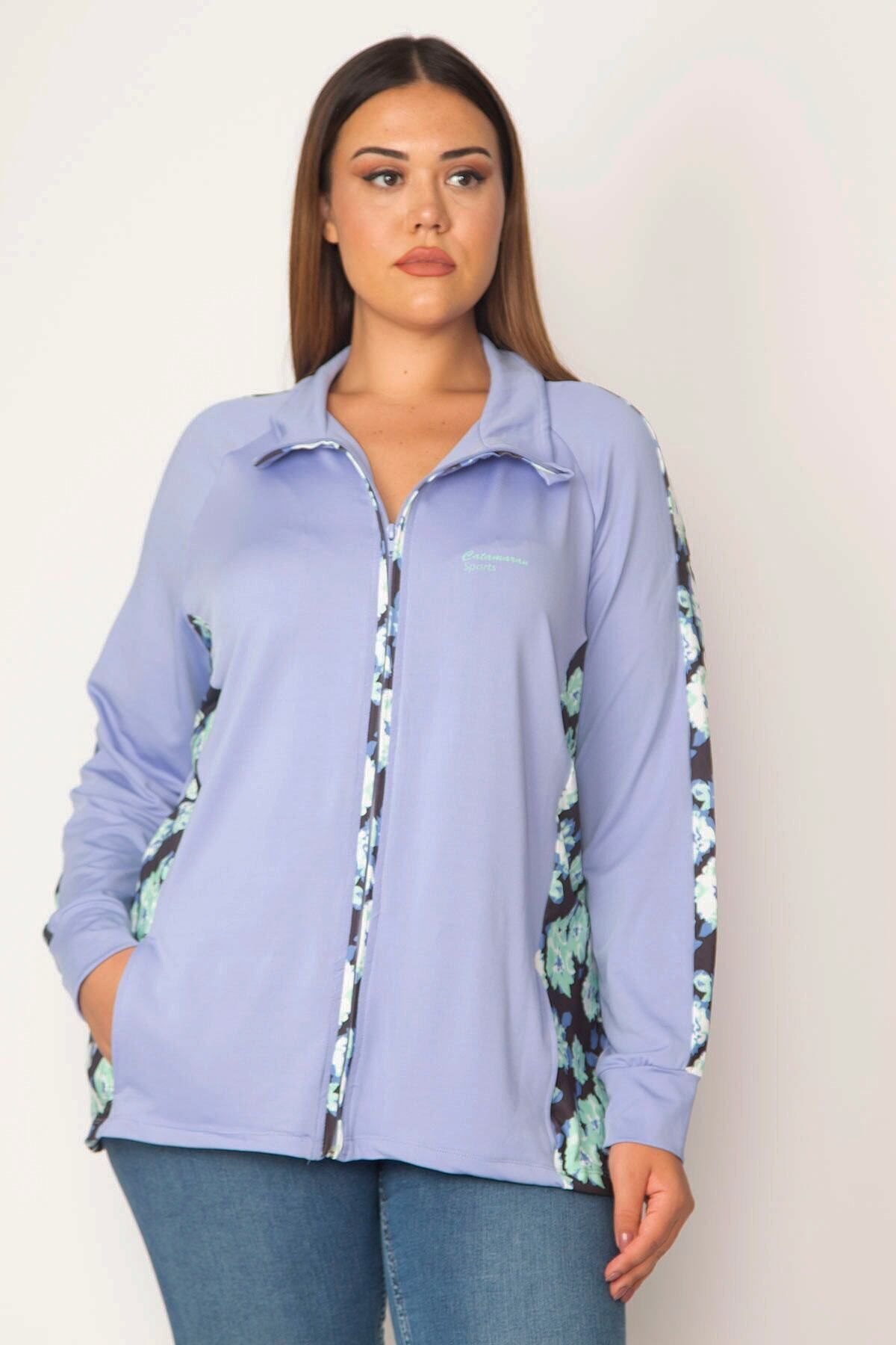 Şans-Damen-Sportjacke mit blauem Frontreißverschluss, seitlichen Körbchen und Ärmeln, Garni-Detailtasche, ungefüttert, 65N28452 2