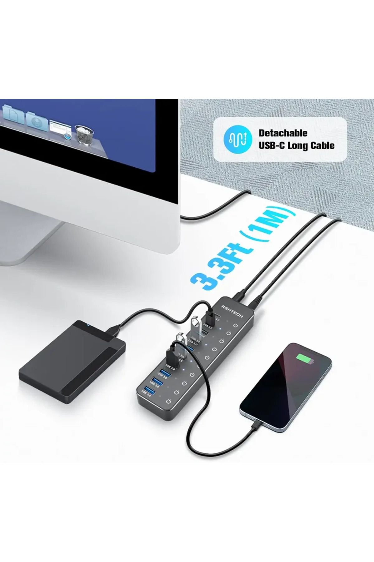 Choice-Eu Plug Adapter Rshtech Usb Hub 10-port Usb C Hubs 60w With 10gbps Data Transfer Ports Individual To 5