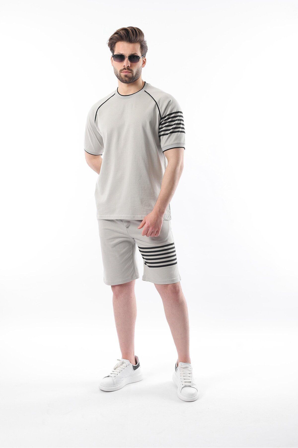 Madmext-Painted Gray Printed Raglan Sleeve Men's Shorts T-Shirt Set E7306 3