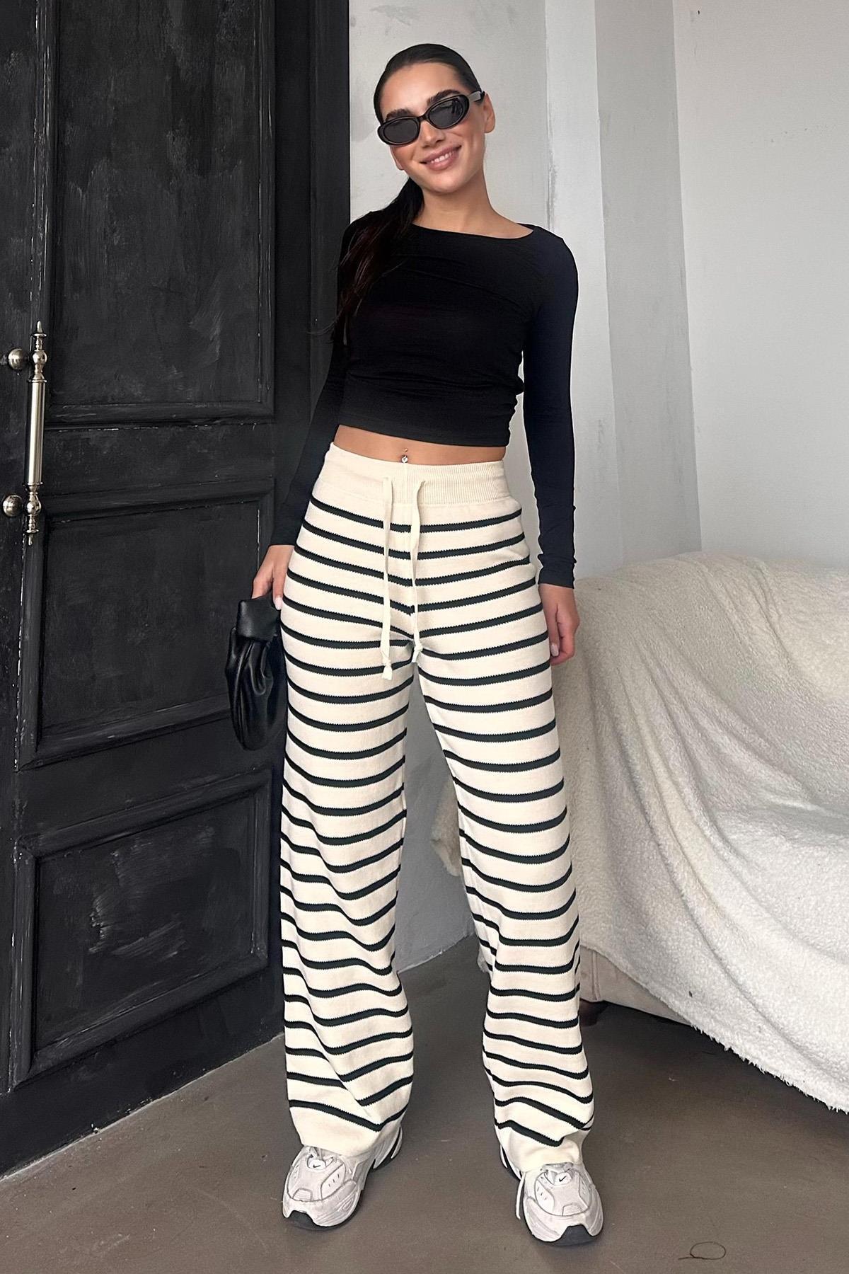 Madmext Ekru Çizgili Kadın Triko Pantolon Mg2342 görsel 8