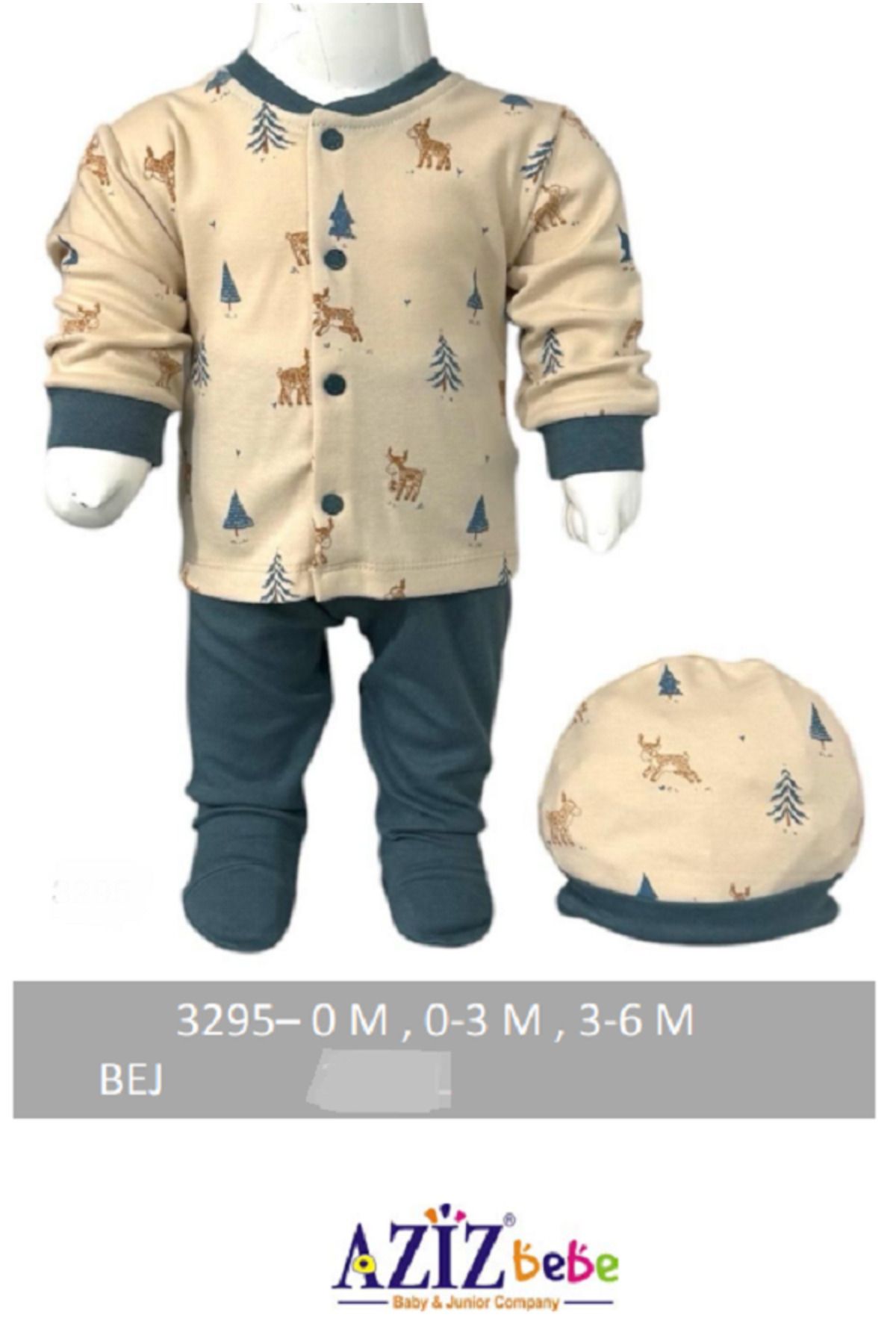 Aziz Bebe-Cute Deer Patterned 3-Piece Baby Set with Bottom and Hat and Feet, Size 0-3-6 Months 2