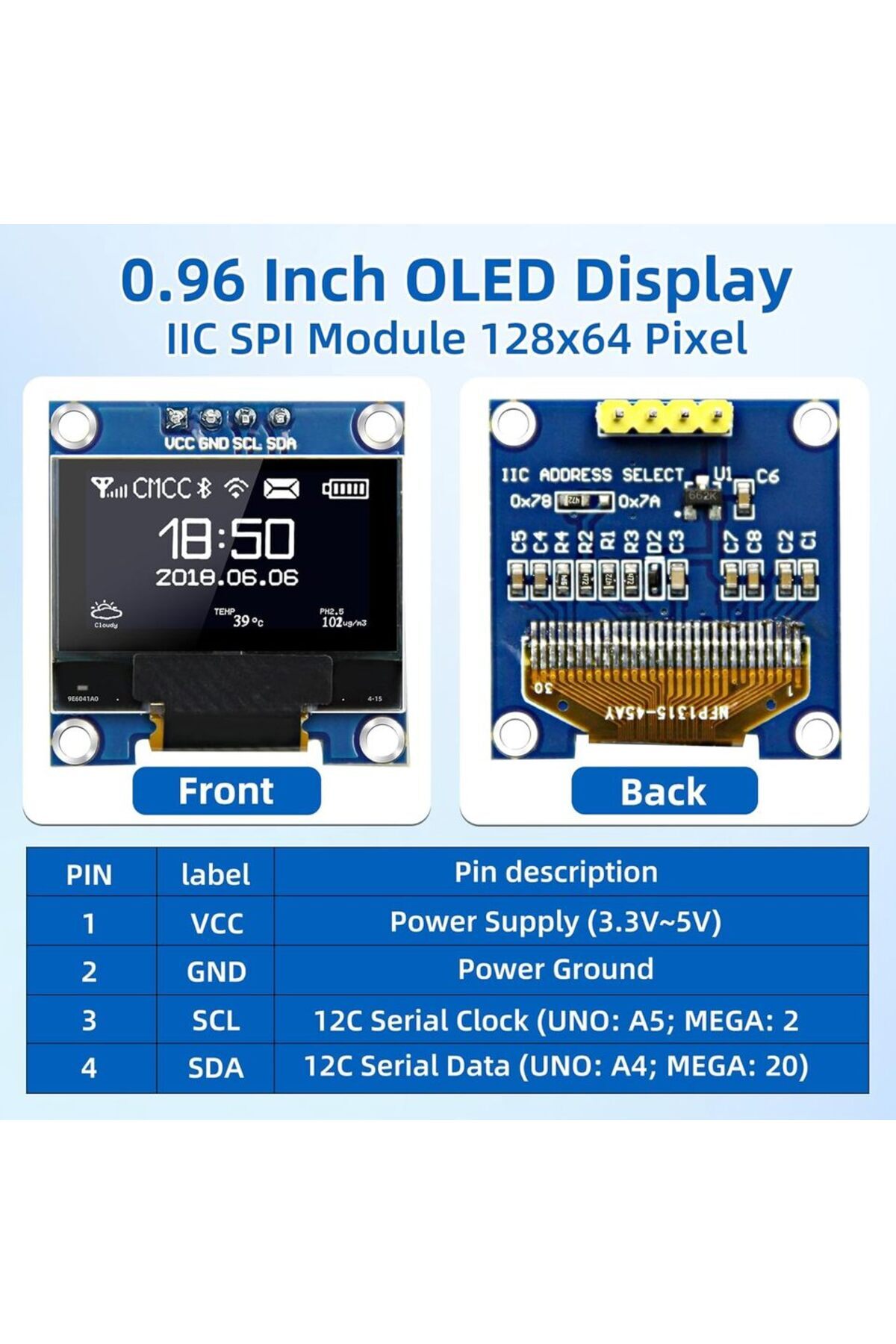 choice2-white 0.96 Inch OLED Display Module, 128x64 Pixel I2C SSD1306 Luminous OLED Screen Board Compatible 1