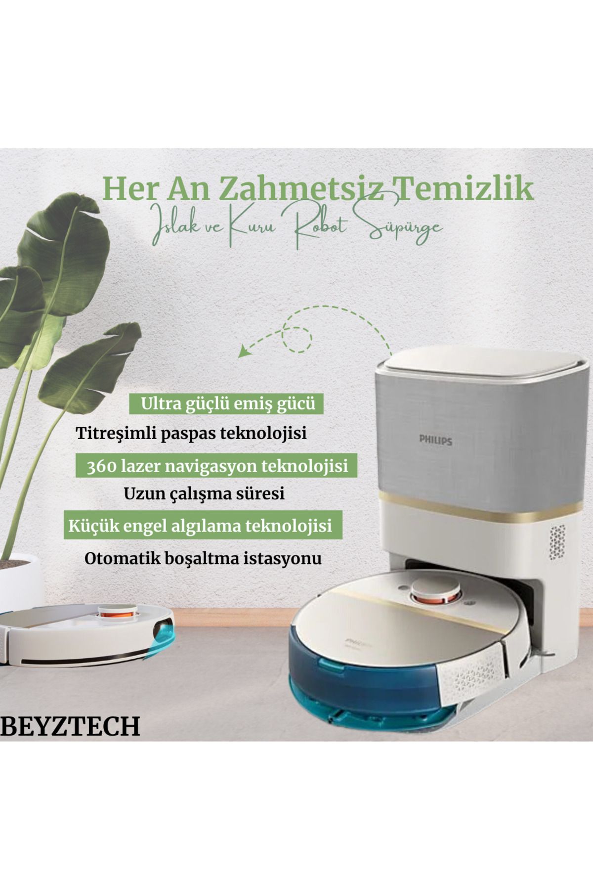 Philips Ultra Güçlü Emiş Gücü Titreşimli Mop 360 Lazer Navigasyon Küçük Engel Algılama Teknolojisi