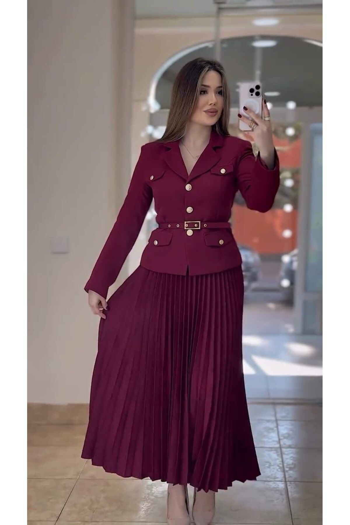 CLASSY.MODA-Two Sets-Gold Belt - Button Blazer Jacket and Pleated Long Skirt Set 3