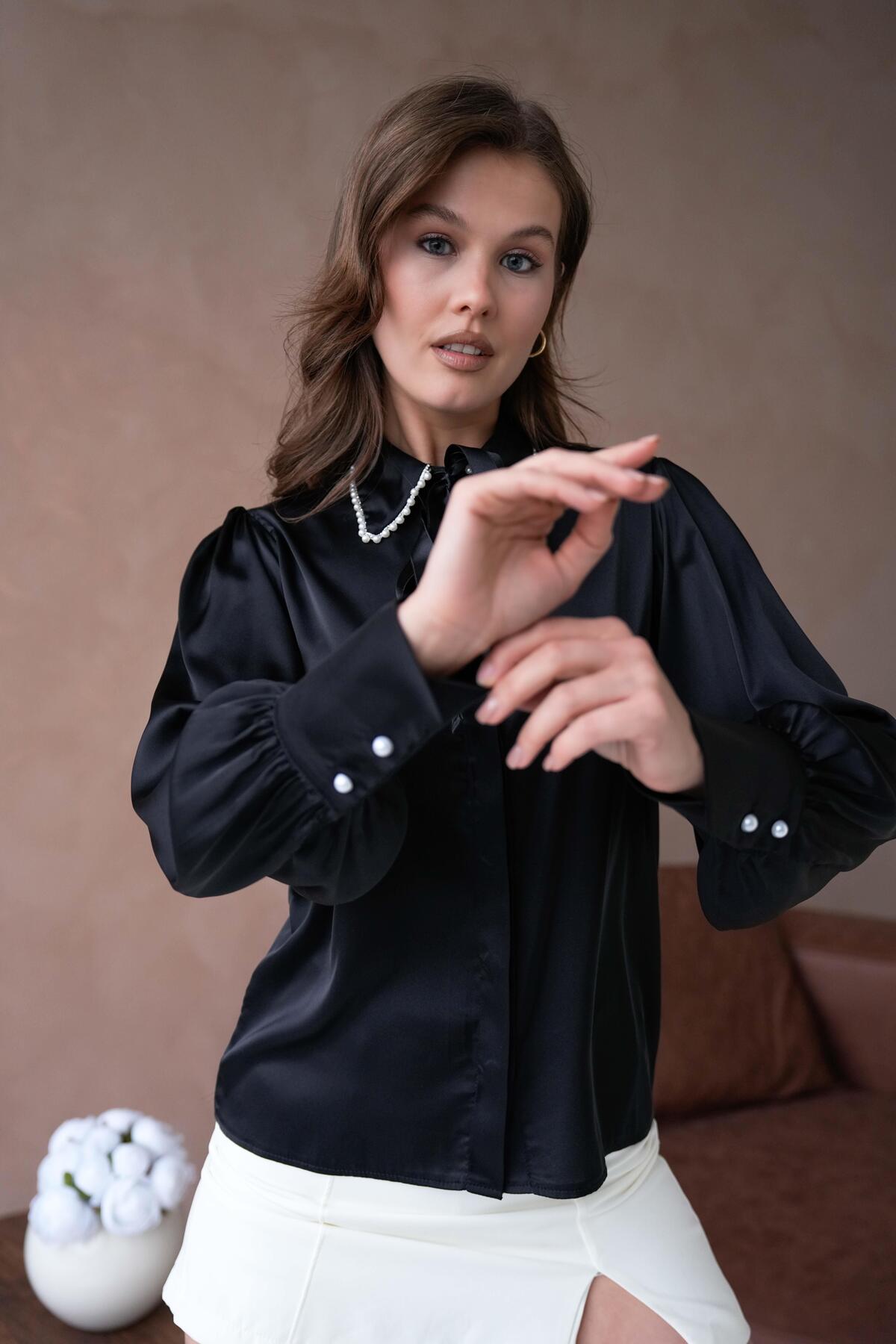 minaaise  Kadın Siyah İnci Detaylı Aksesuarlı Saten Gömlek 29054 - Görsel 7