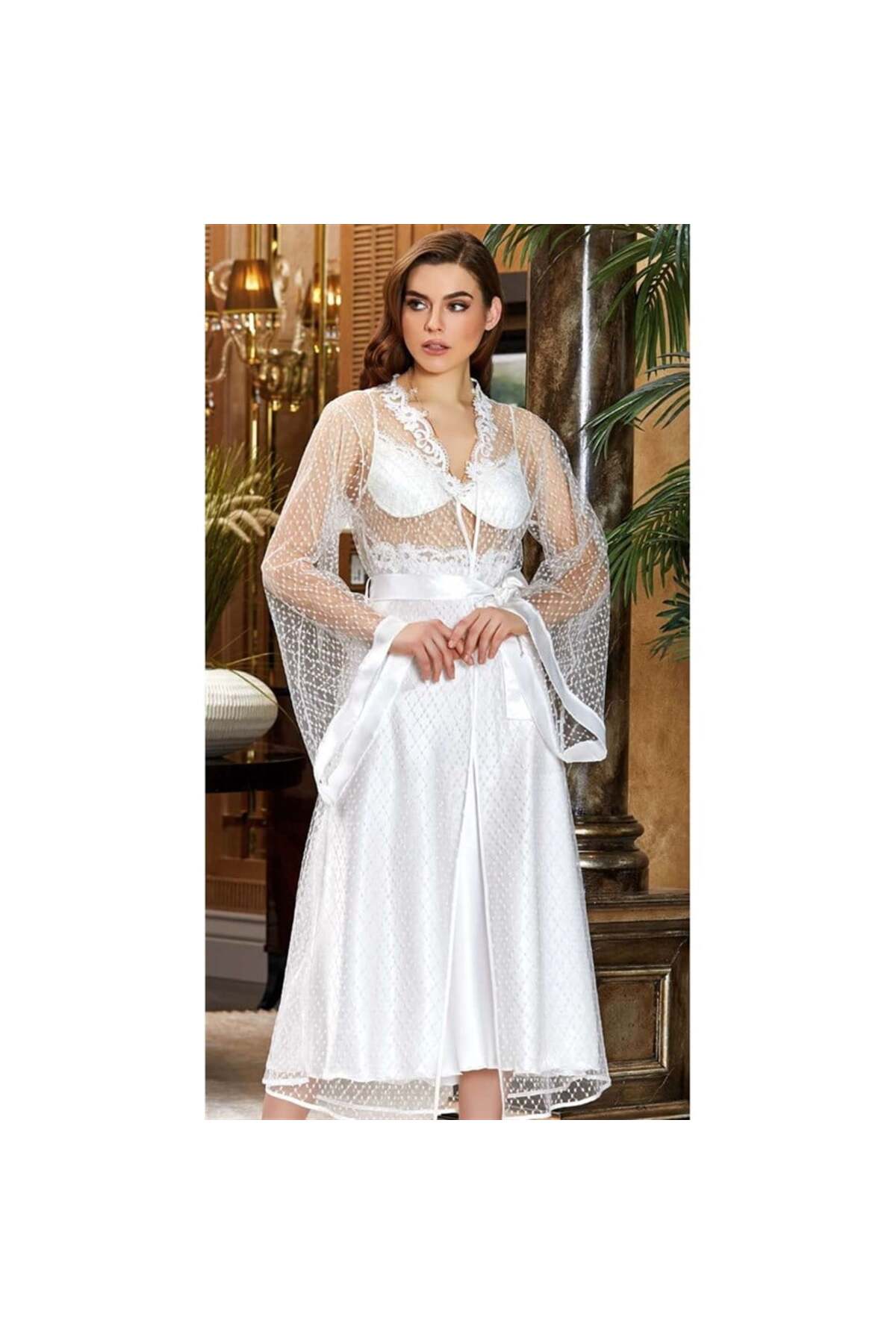 Jeremi 3047 Çeyizlik Ipek Saten Dantelli Ikili Uzun Gecelik Sabahlıklı Takım - Krem