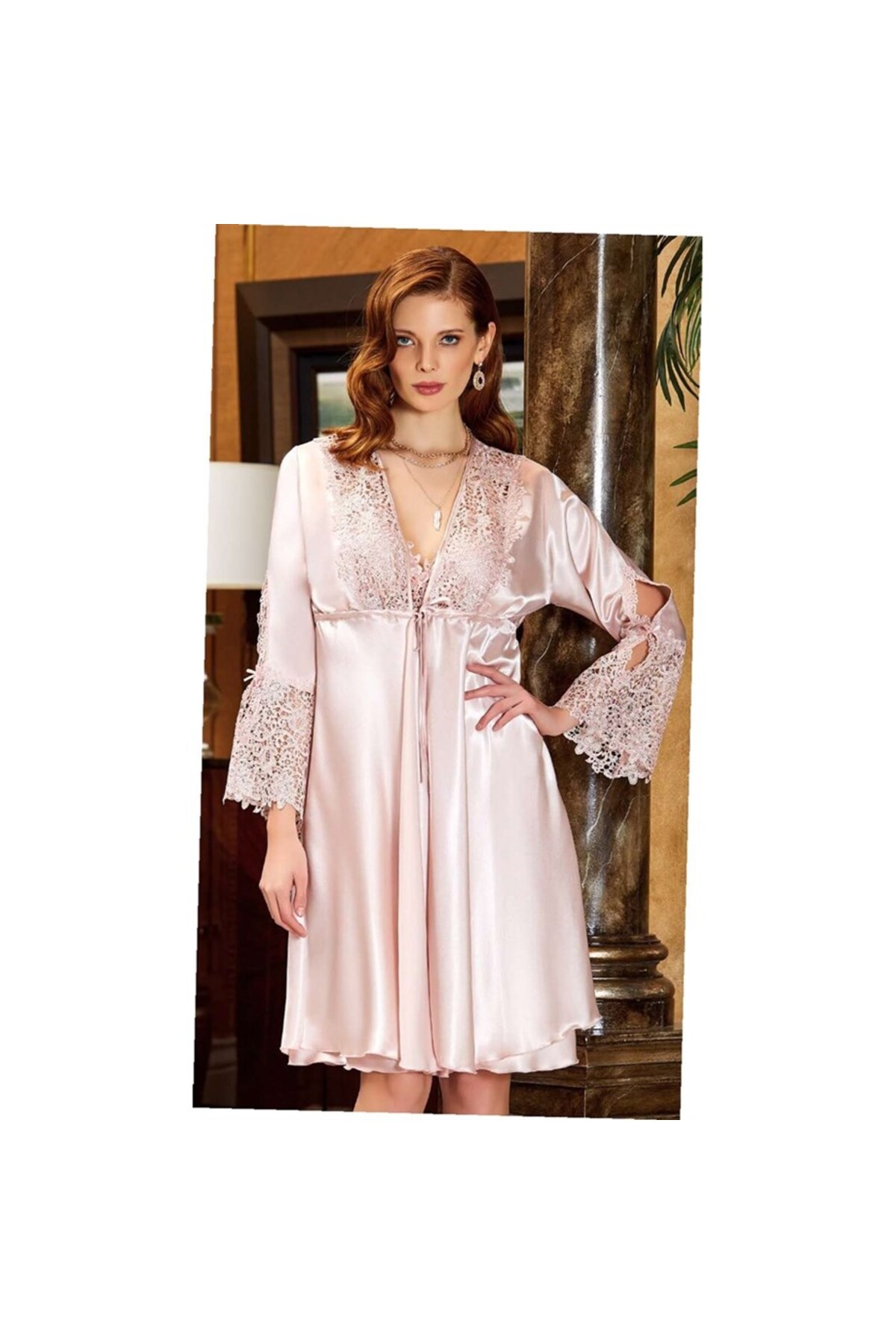 Jeremi 3126 Çeyizlik Ipek Saten Dantelli Ikili Kısa Gecelik Sabahlıklı Takım - Pudra