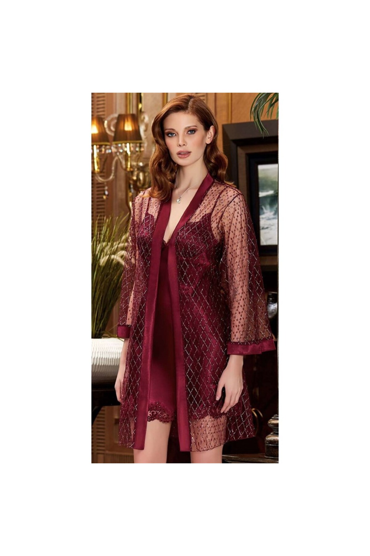 Jeremi 3040 Çeyizlik Ipek Saten Dantelli Ikili Kısa Gecelik Sabahlık Takım - Bordo