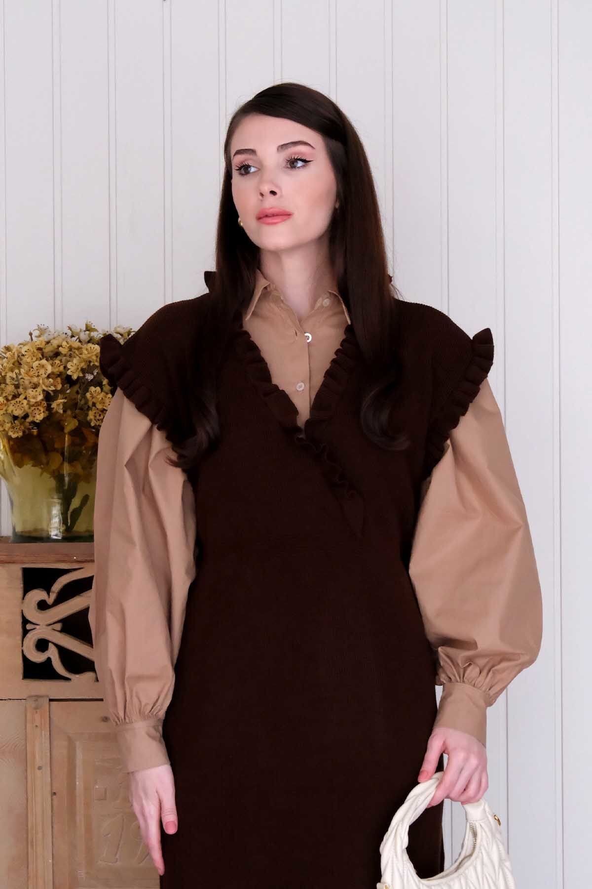 Ceylan Otantik-Bitter Brown Ruffle Collar Gilet 4