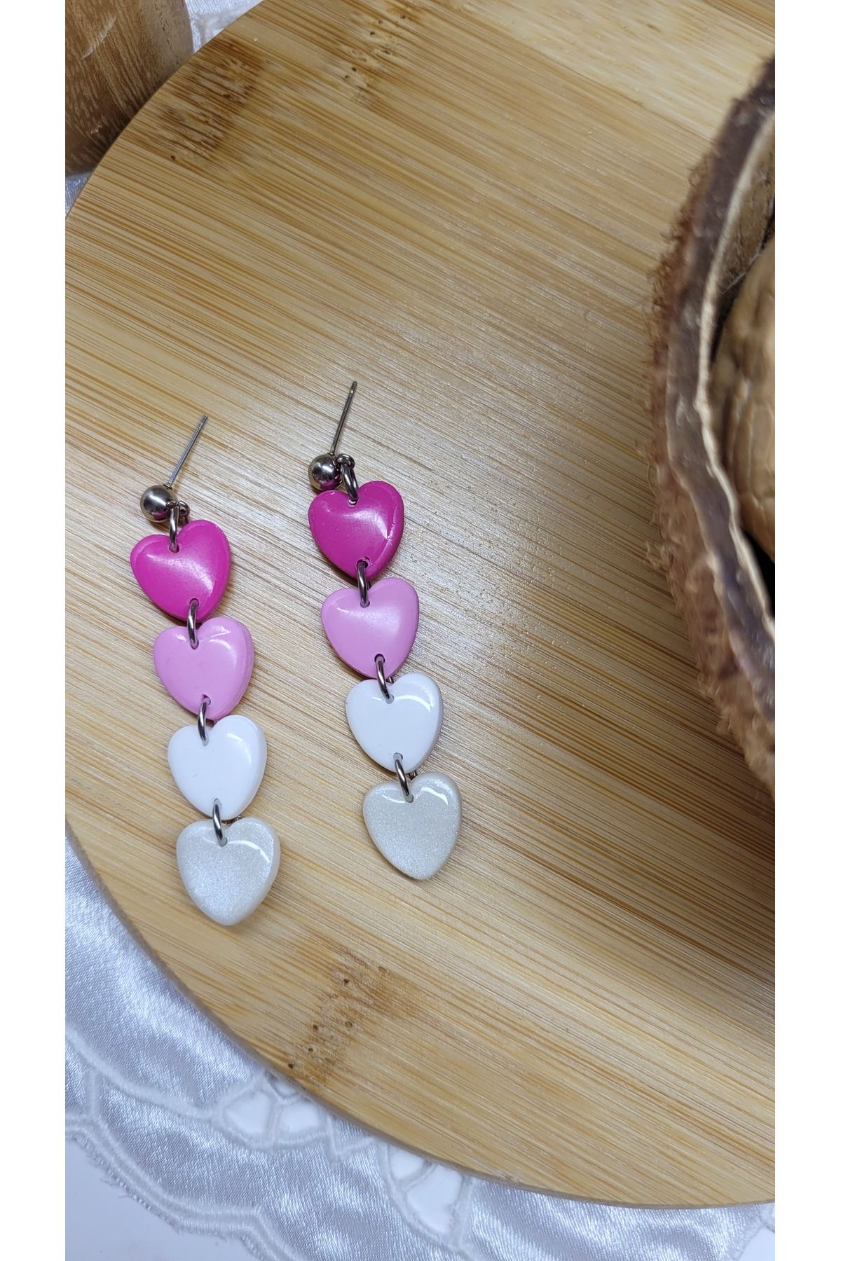 PÖTİLİKARE-4-Piece Heart Patterned Polymer Clay Earrings with Handmade Steel Apparatus 2