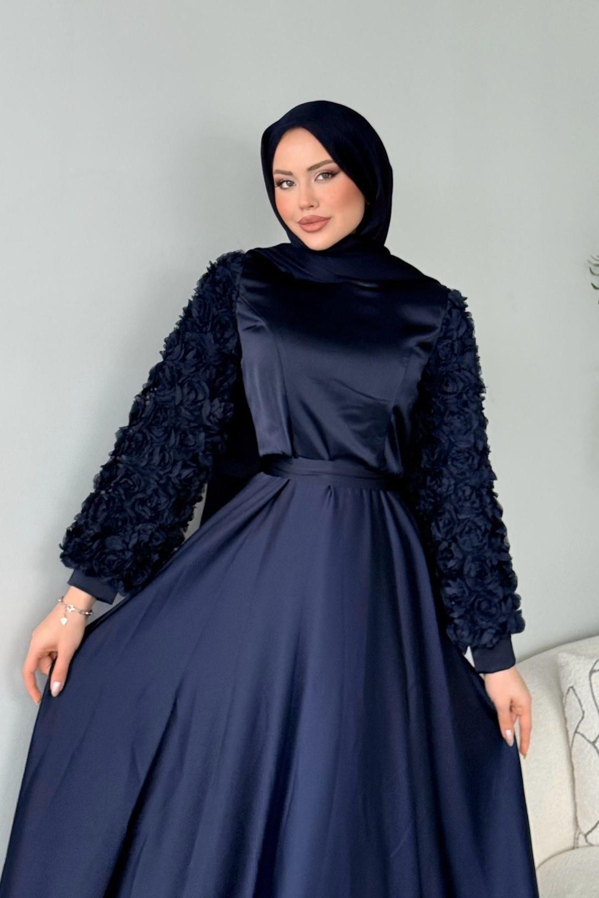 HAZA MODA-Navy Blue Rose Evening Dress - Sleeves and Skirt 2