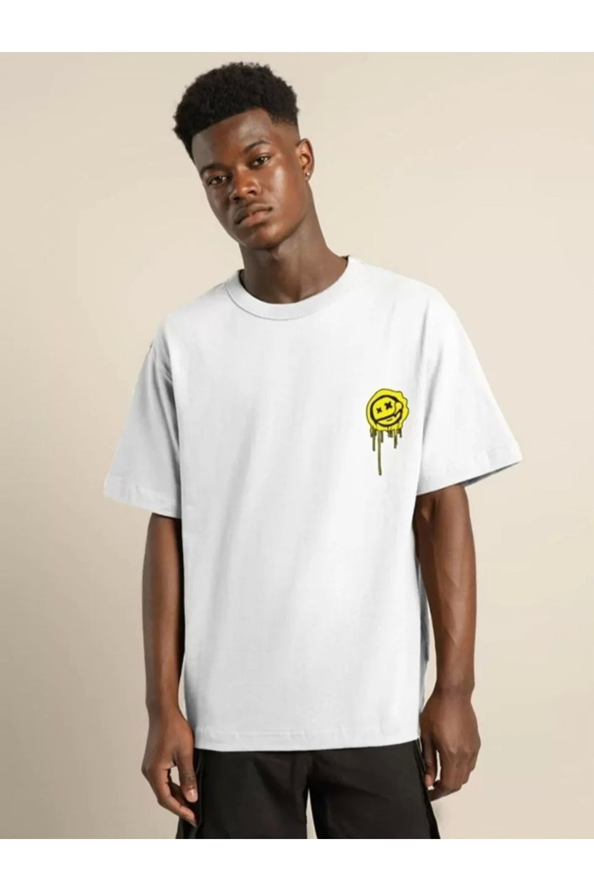 CVS Unisex Bisiklet Yaka Baskılı Oversize T-Shirt - Beyaz