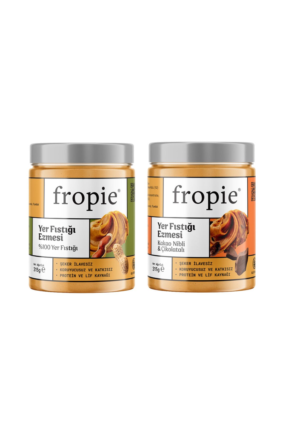 FROPİE Yer Fıstığı Ezmesi Seti %100 Yer Fıstığı & Kakao Nibli Çikolatalı 315 gr x2