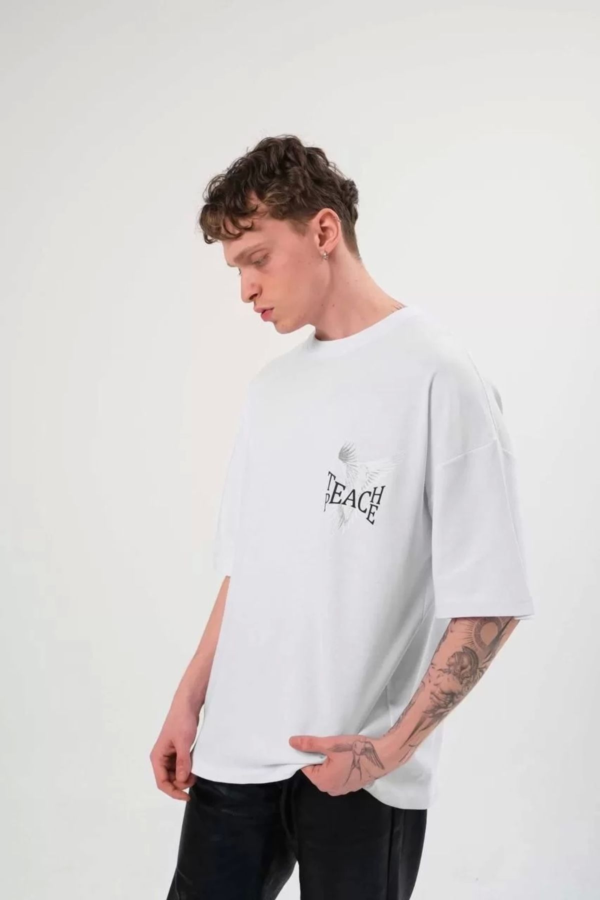 CVS Unisex Bisiklet Yaka Baskılı Oversize T-Shirt - Beyaz