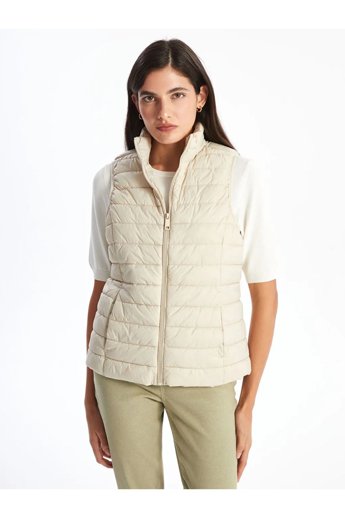 LC Waikiki-Lcwaikiki Beige Stand Collar Women's Puffer Vest - t t 1