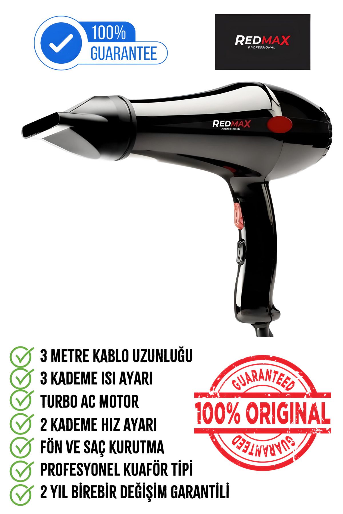 REDMAX FORCE 6300 KUAFÖR TİPİ PROFESYONEL FÖN MAKİNESİ