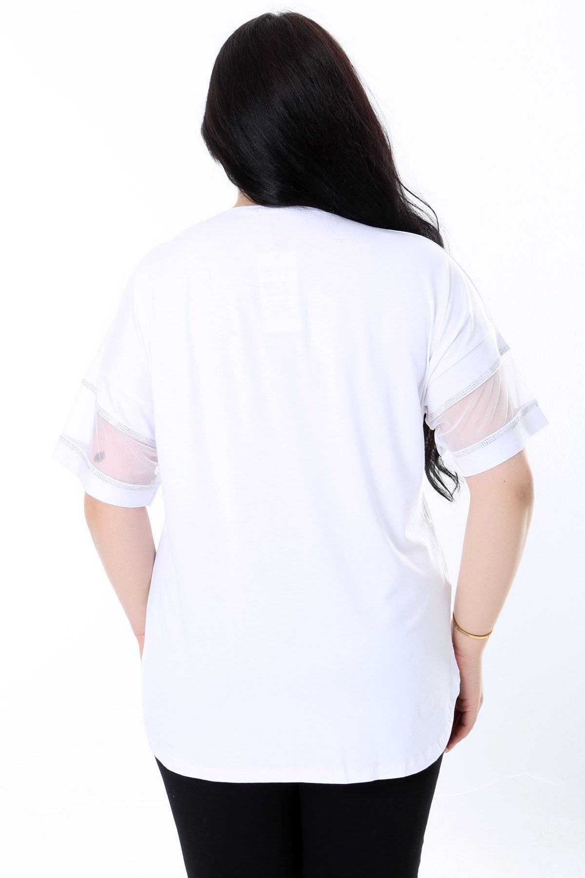 Kheos-Flexible and Comfy Lycra Plus Size Blouse - Round Neck, Tulle Stripe, Short Sleeve, Leaf Pattern and Stone Print 7