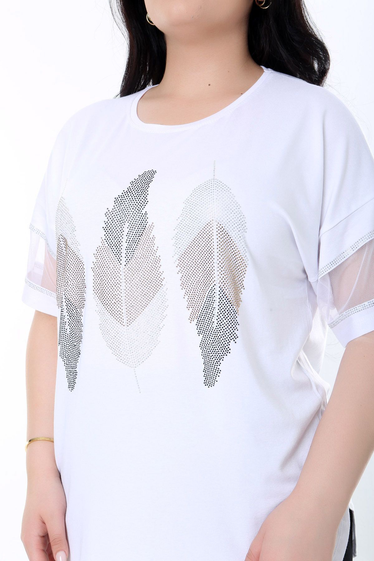 Kheos-Flexible and Comfy Lycra Plus Size Blouse - Round Neck, Tulle Stripe, Short Sleeve, Leaf Pattern and Stone Print 6