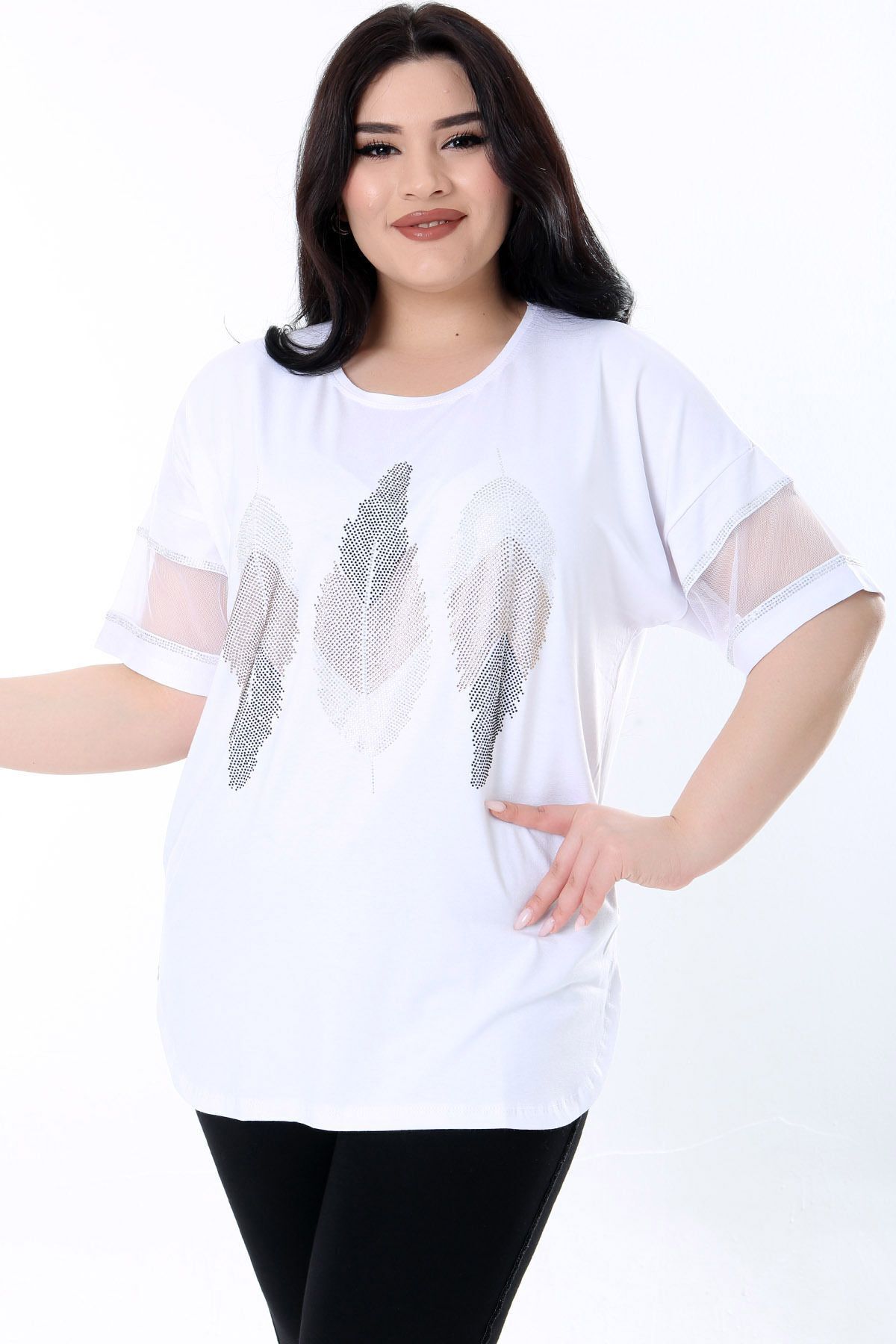 Kheos-Flexible and Comfy Lycra Plus Size Blouse - Round Neck, Tulle Stripe, Short Sleeve, Leaf Pattern and Stone Print 4