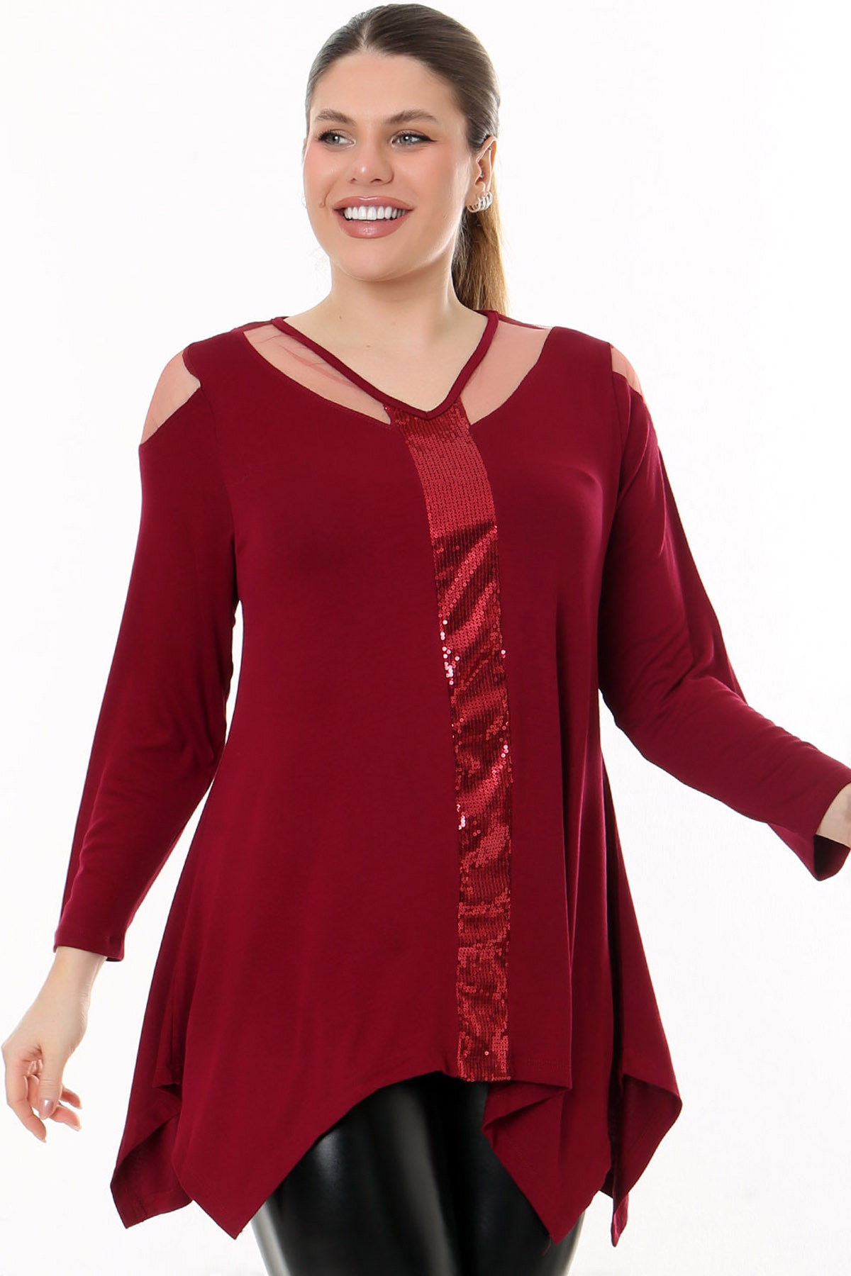 Kheos-Special Design Long Loose Comfortable Flowing Tunic with Sequin Shoulder Low Cut on the Front 3