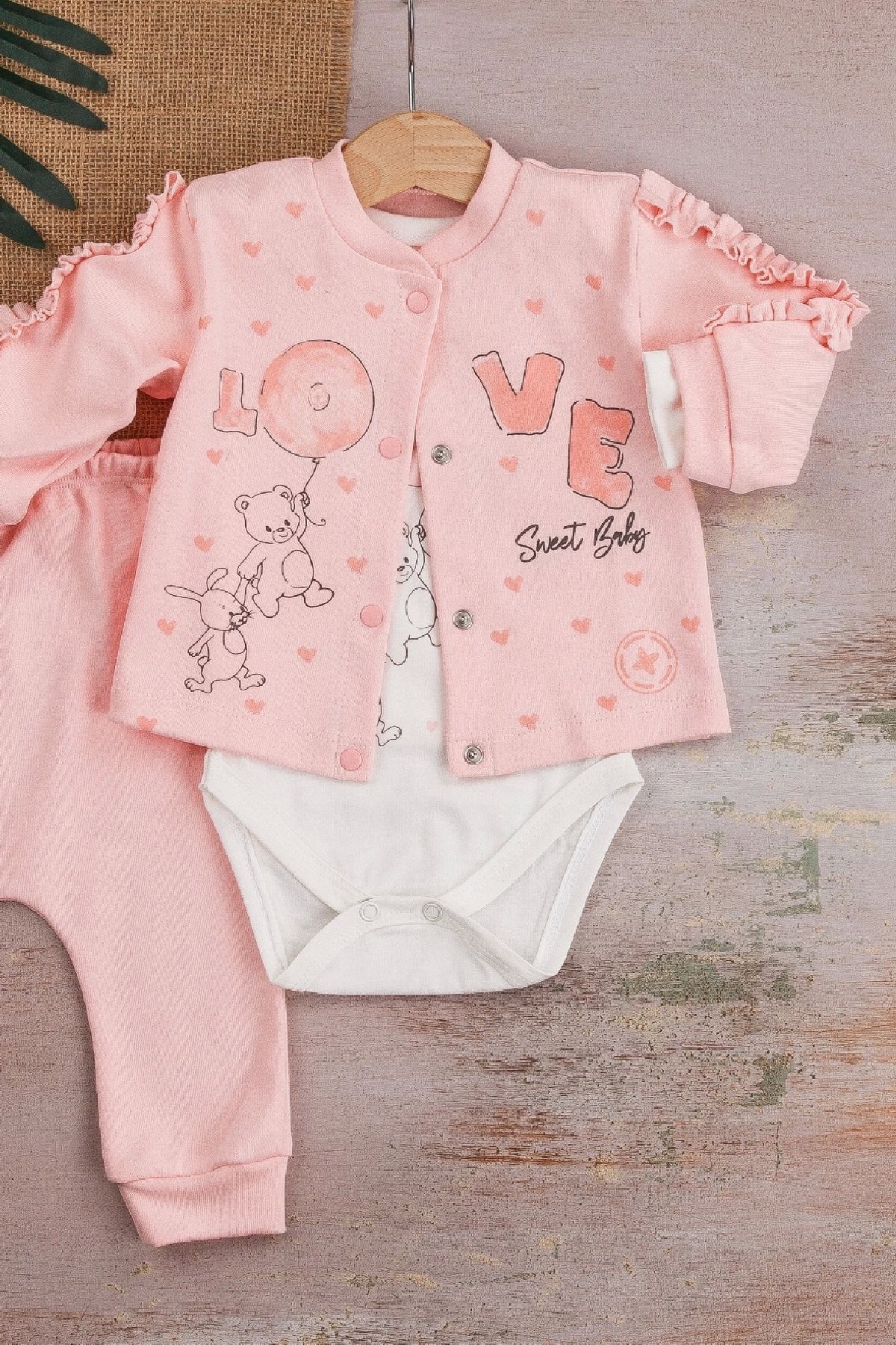 Nemere-Love Rabbit Patterned Sleeve Detailed 3-Piece Baby Girl Set with Cardigan 2