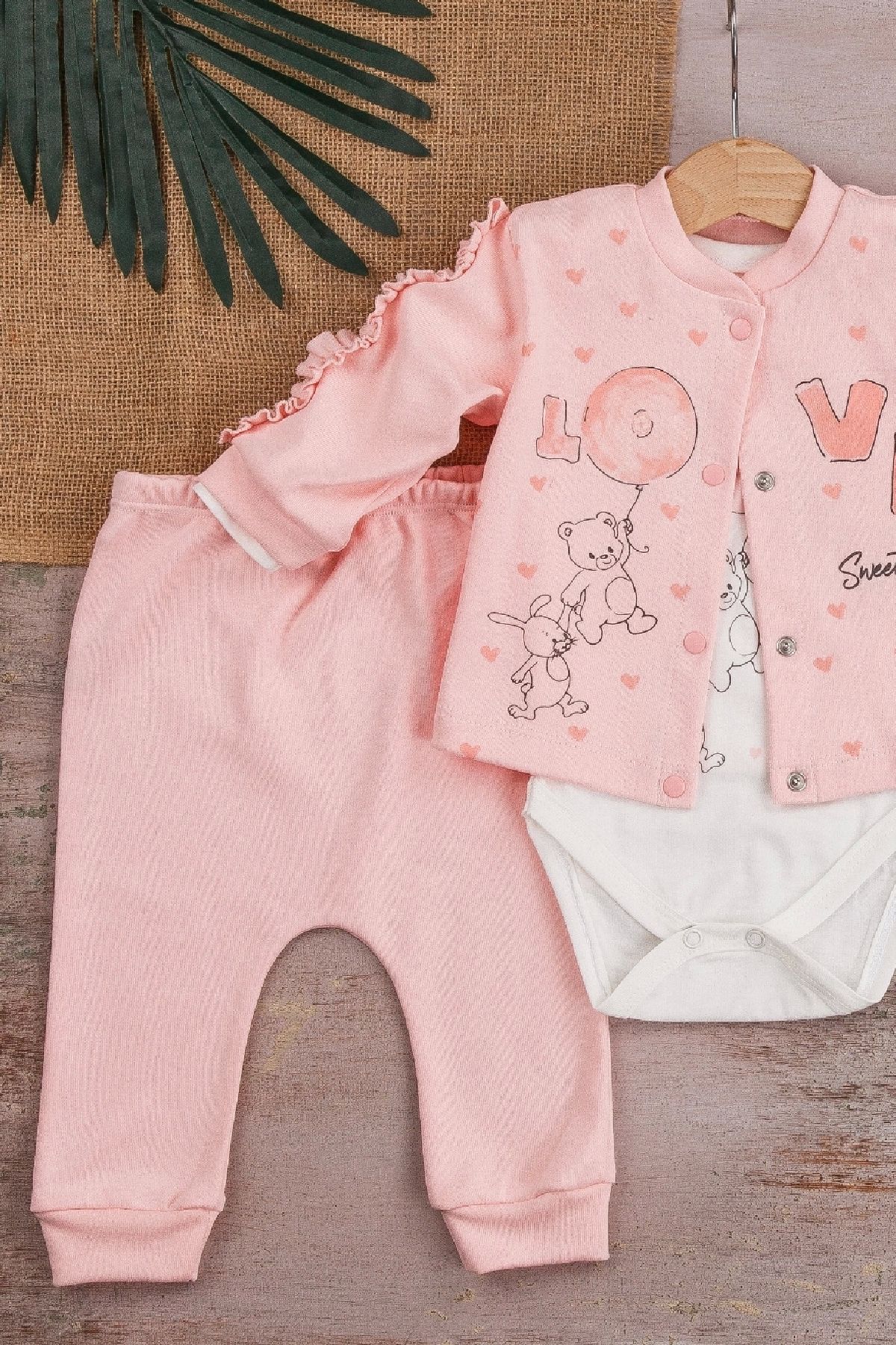 Nemere-Love Rabbit Patterned Sleeve Detailed 3-Piece Baby Girl Set with Cardigan 3