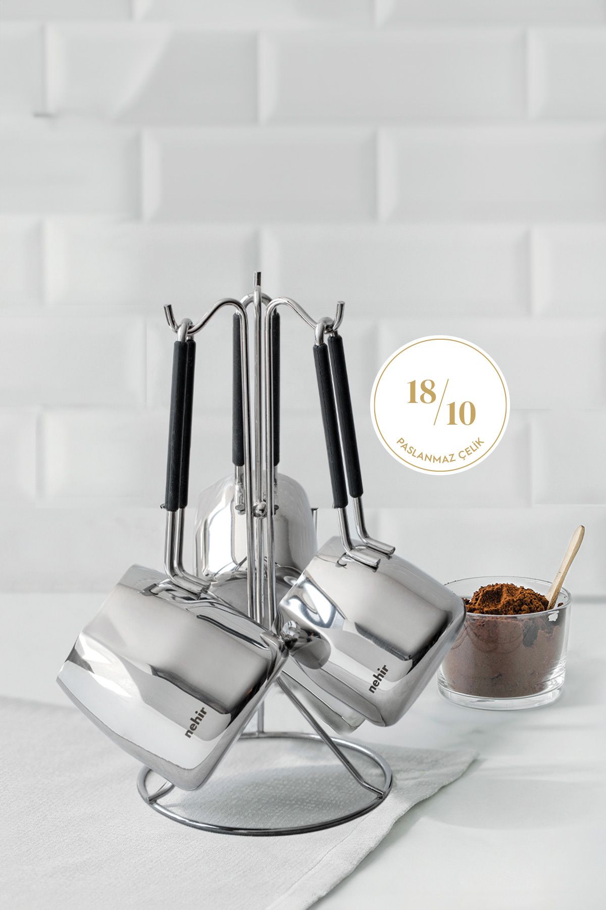 Nehir 29015 Modern 4 Piece Steel Coffee Pot Set with Hanger Stand