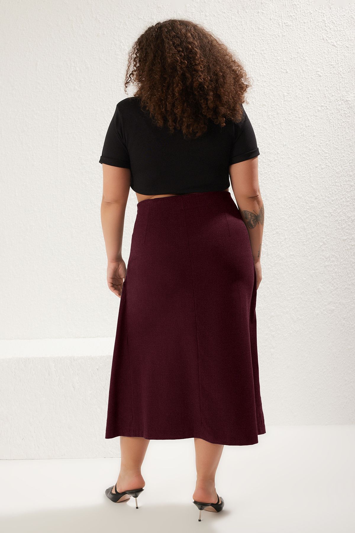 Trendyol Curve-Burgundowa spódnica midi z kokardą i sznurowaniem, tkana, w dużych rozmiarach Tbbaw25Az00029 5