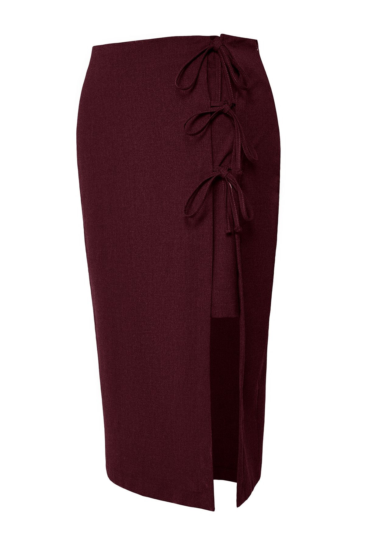 Trendyol Curve-Burgundowa spódnica midi z kokardą i sznurowaniem, tkana, w dużych rozmiarach Tbbaw25Az00029 7