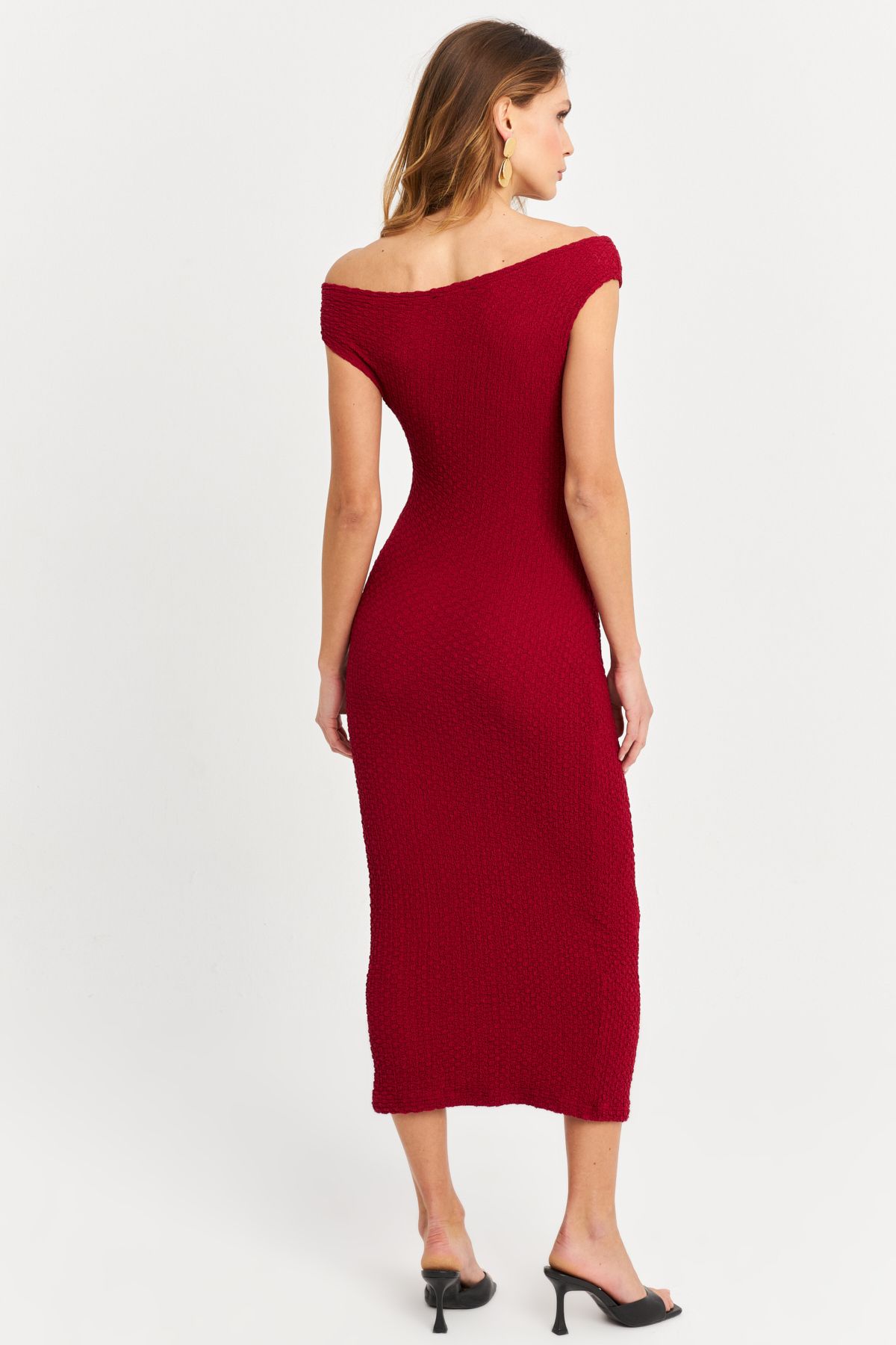 Kadın Bordo Asimetrik Yaka Gofre Midi Elbise MOD2358